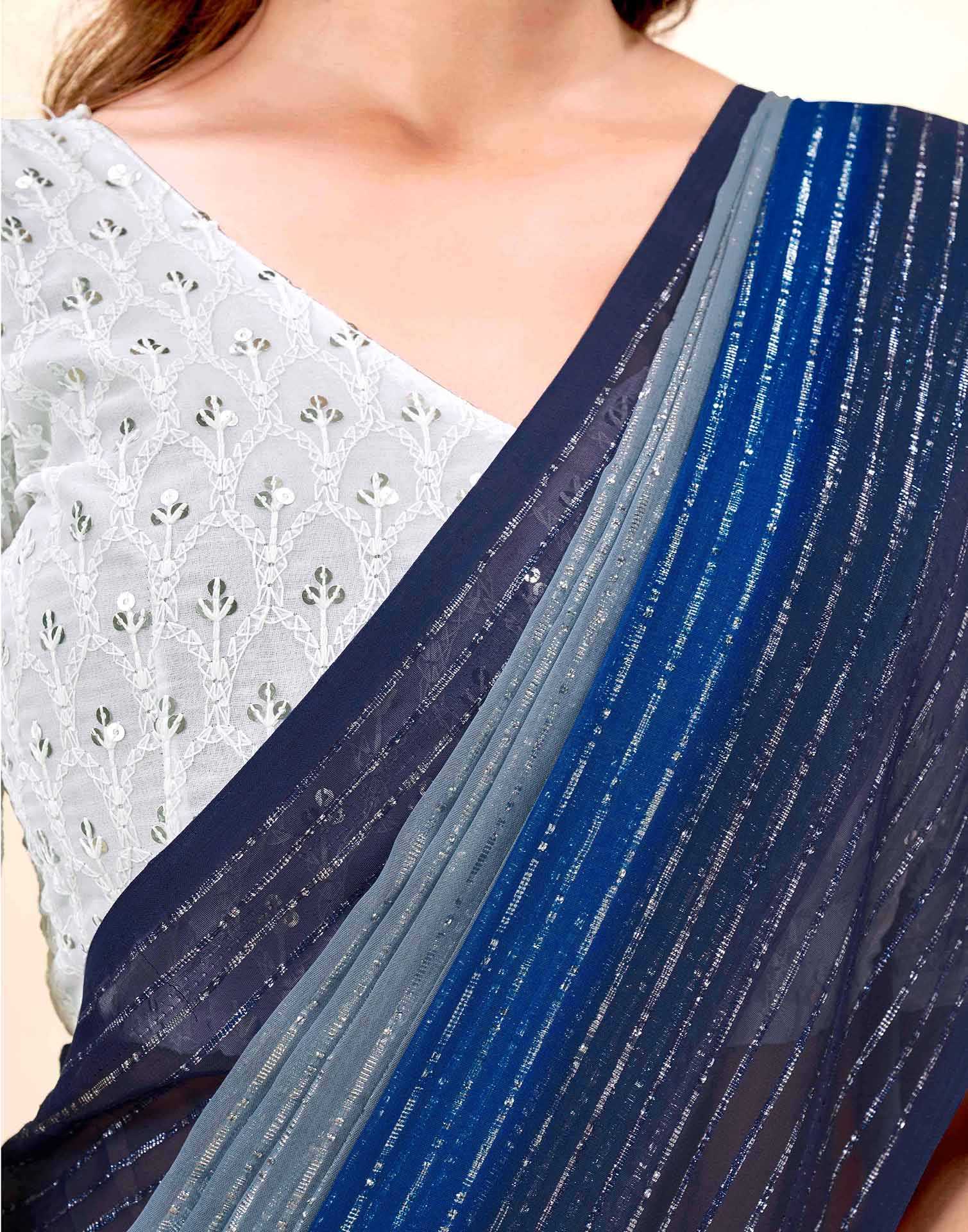 Navy Blue Georgette Zari Stripe Saree