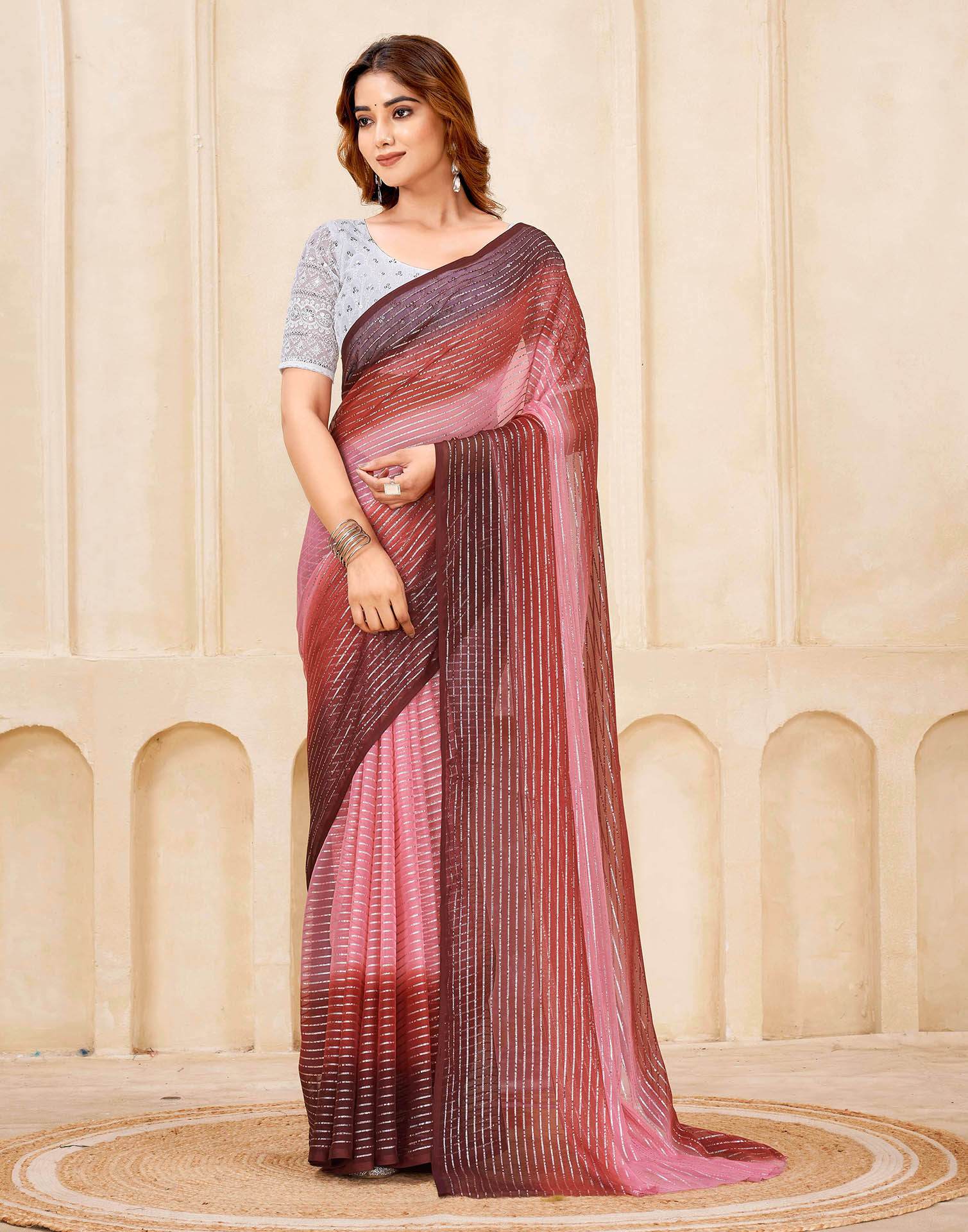 Wine Georgette Zari Stripe Saree