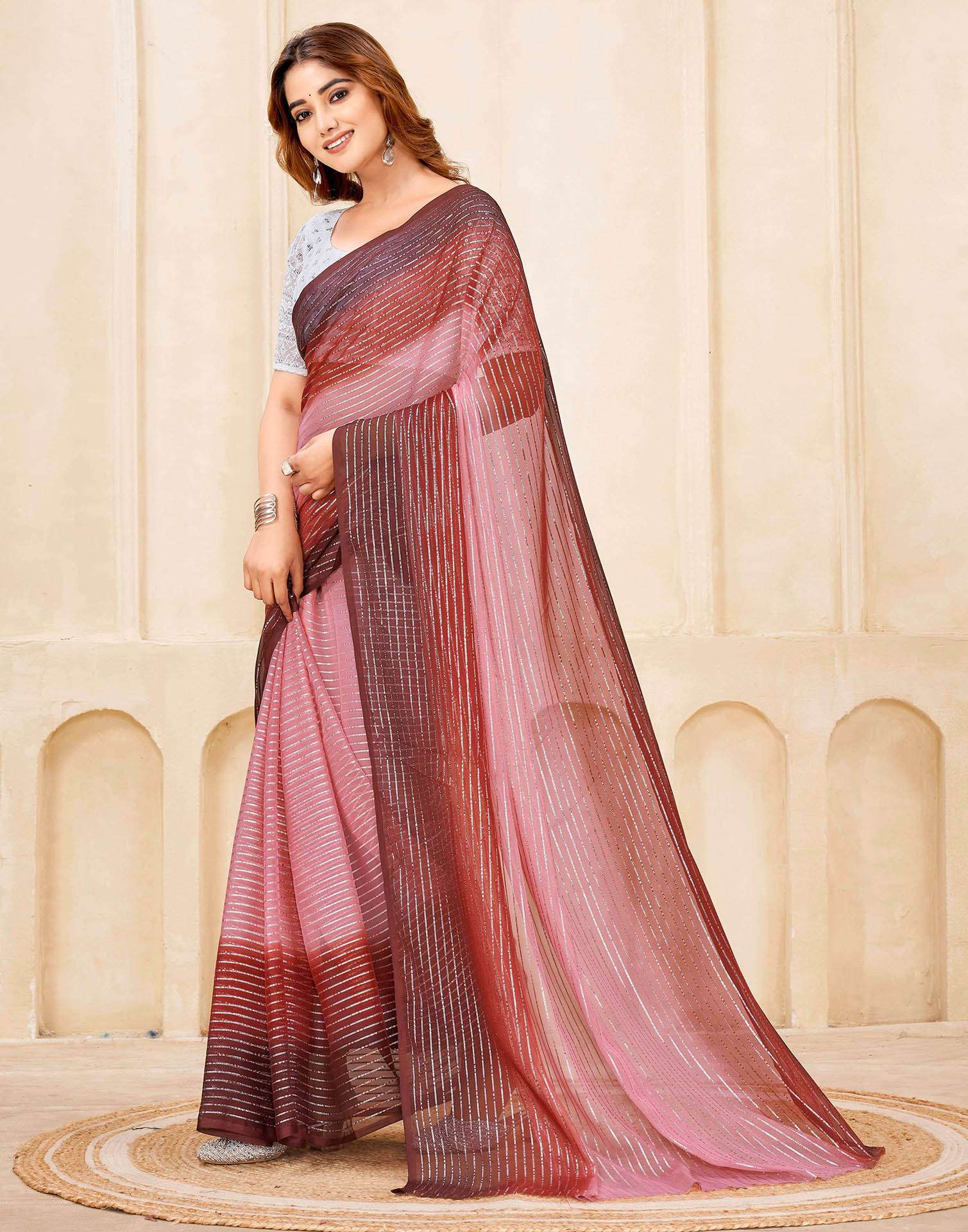 Wine Georgette Zari Stripe Saree