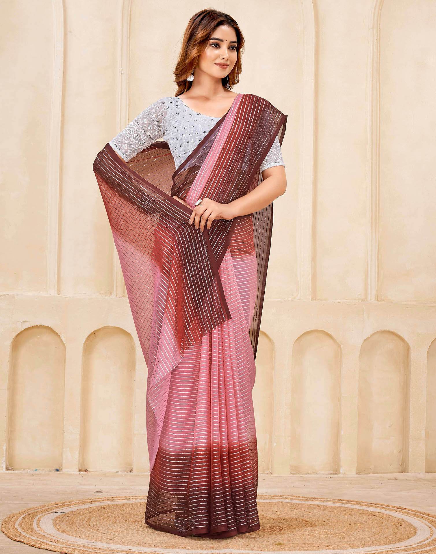 Wine Georgette Zari Stripe Saree