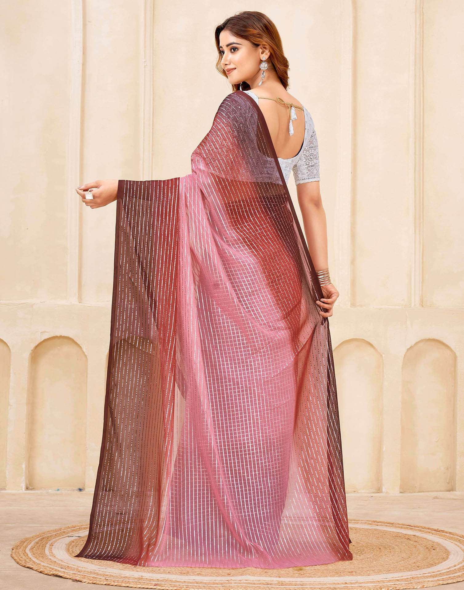 Wine Georgette Zari Stripe Saree