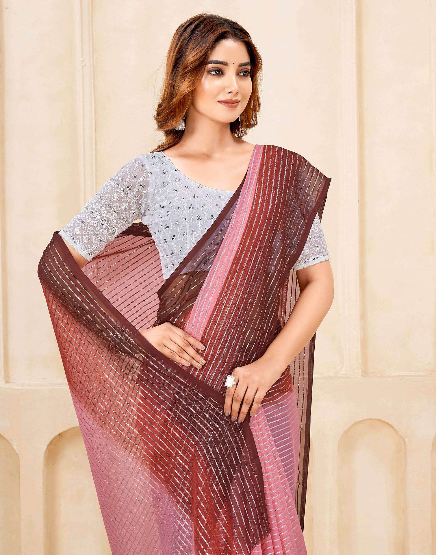 Wine Georgette Zari Stripe Saree