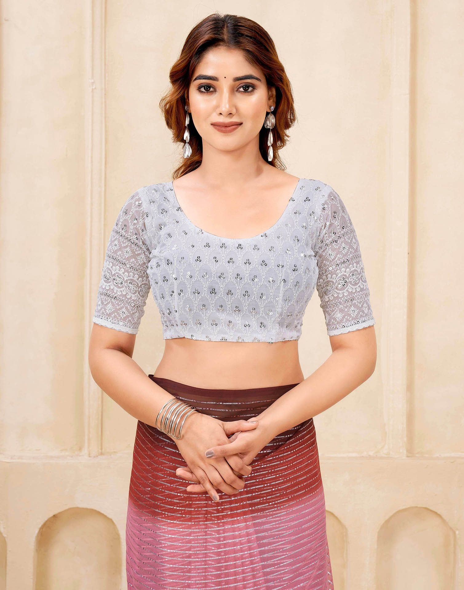 Wine Georgette Zari Stripe Saree