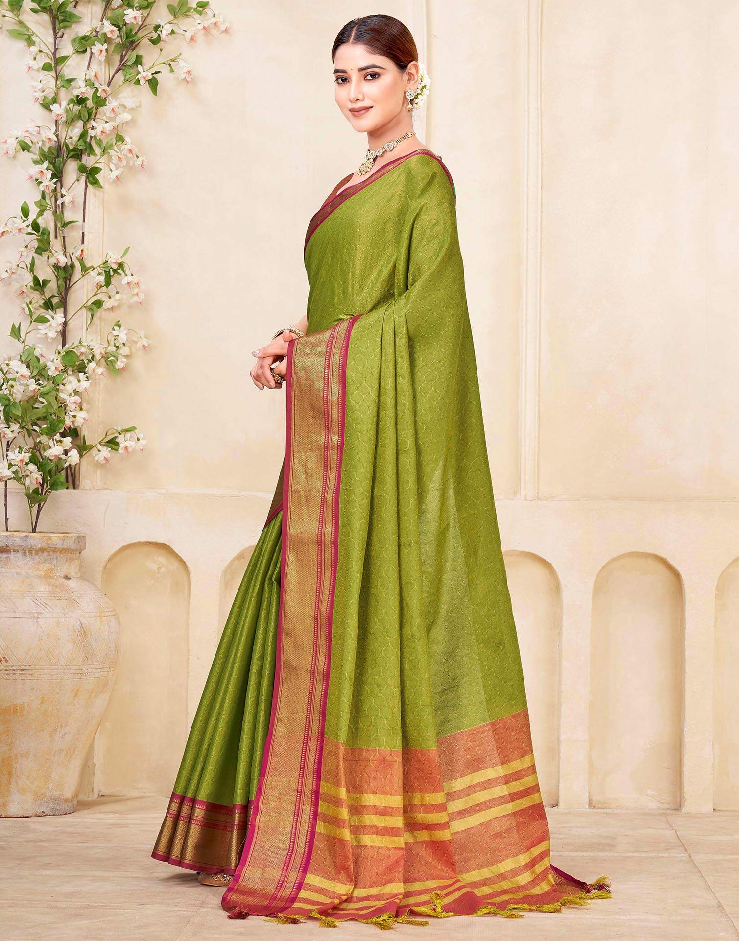 Parrot Green Silk Woven Kanjivaram Saree