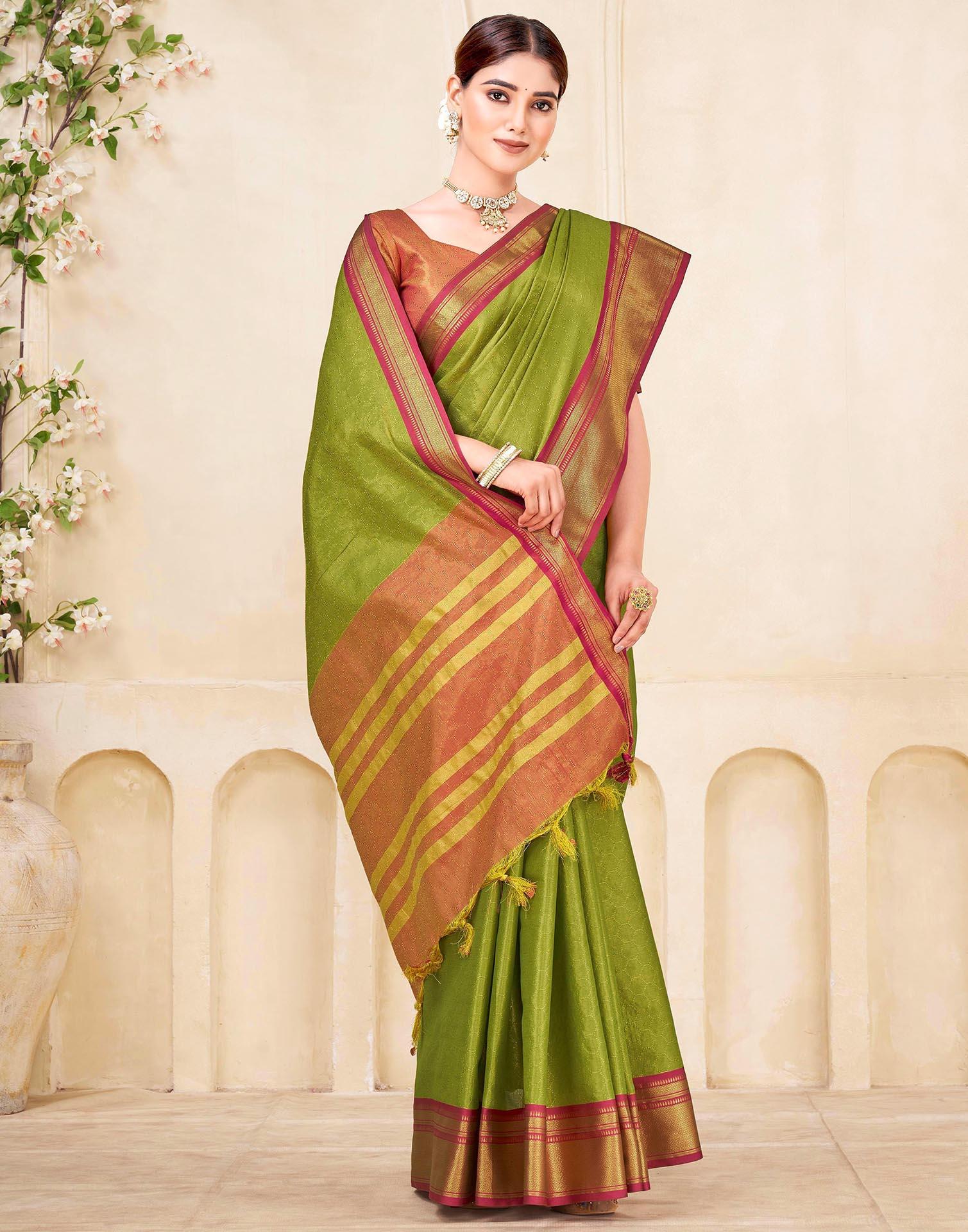 Parrot Green Silk Woven Kanjivaram Saree
