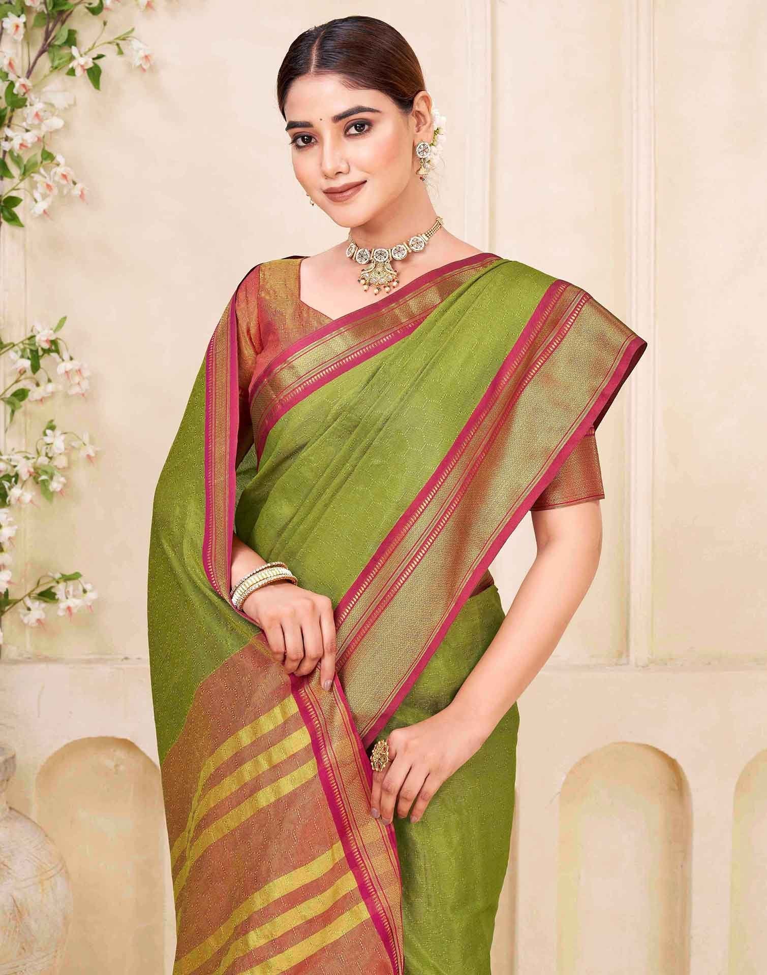Parrot Green Silk Woven Kanjivaram Saree