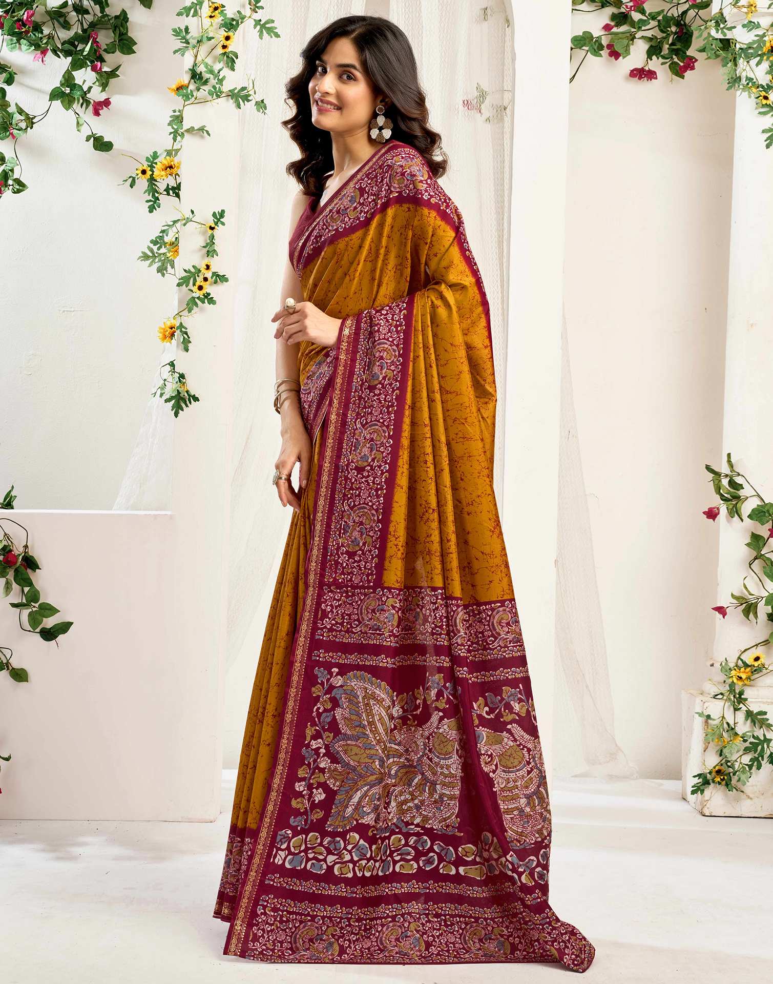 Muatard Yellow Dola Silk Printed Saree