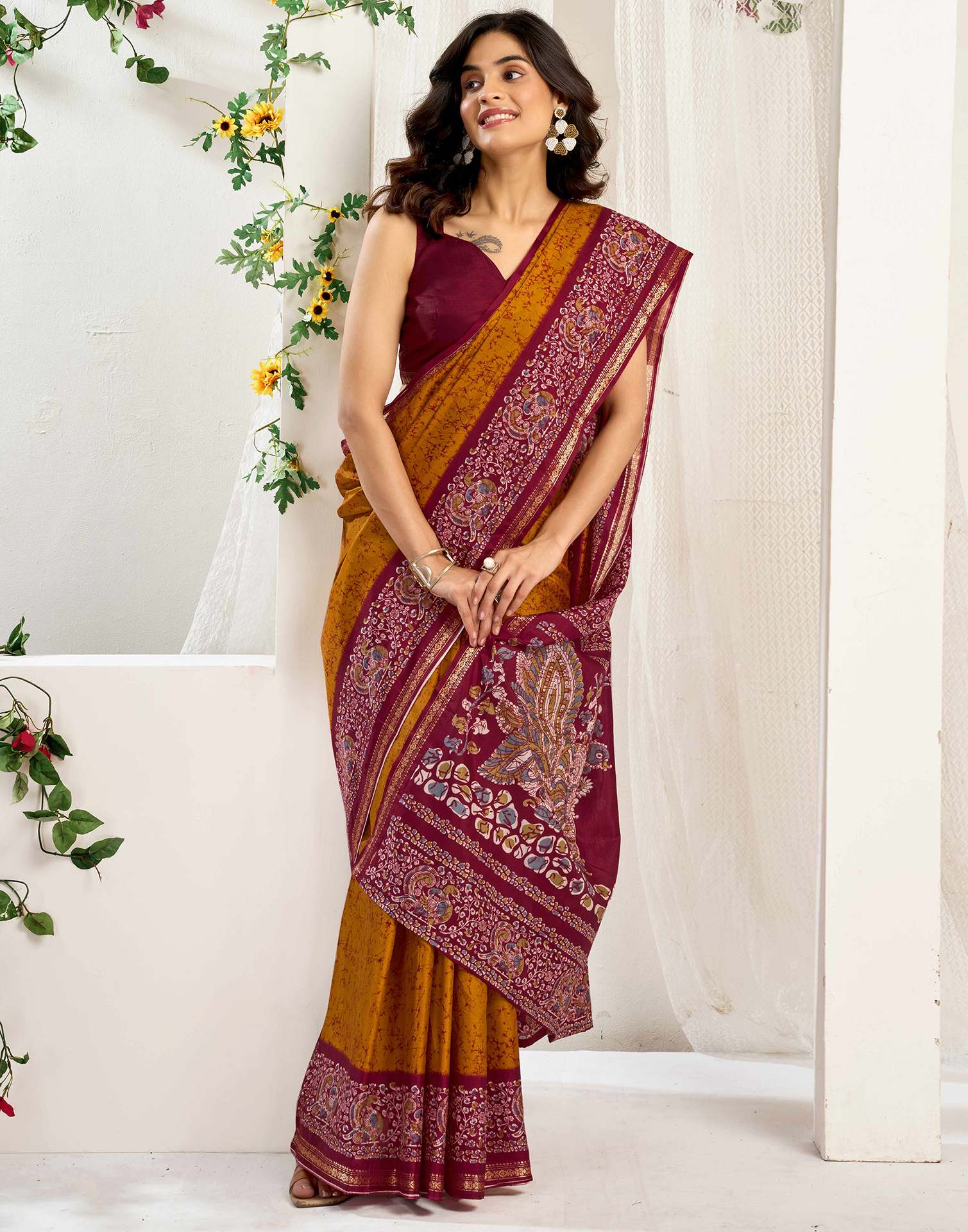 Muatard Yellow Dola Silk Printed Saree