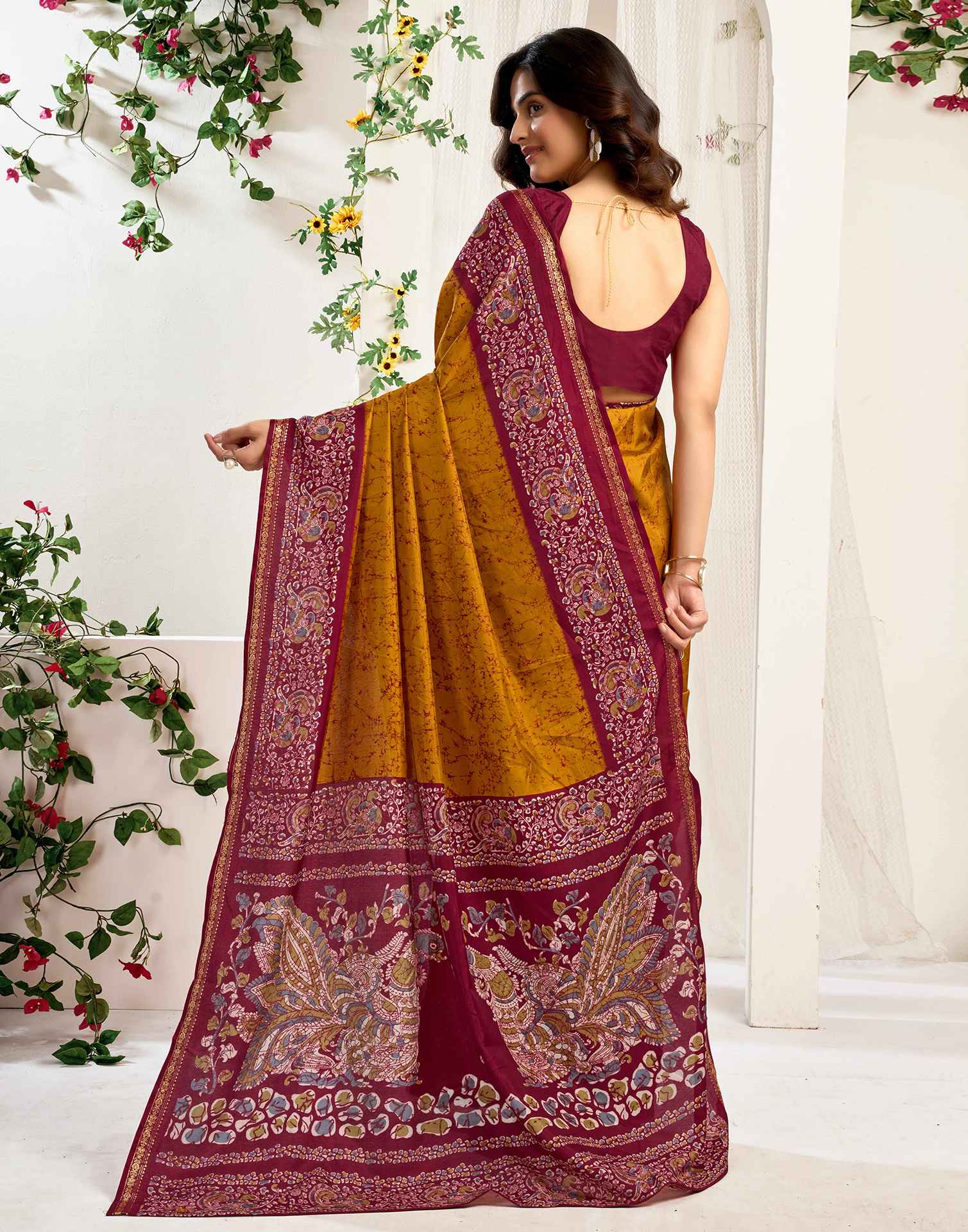 Muatard Yellow Dola Silk Printed Saree