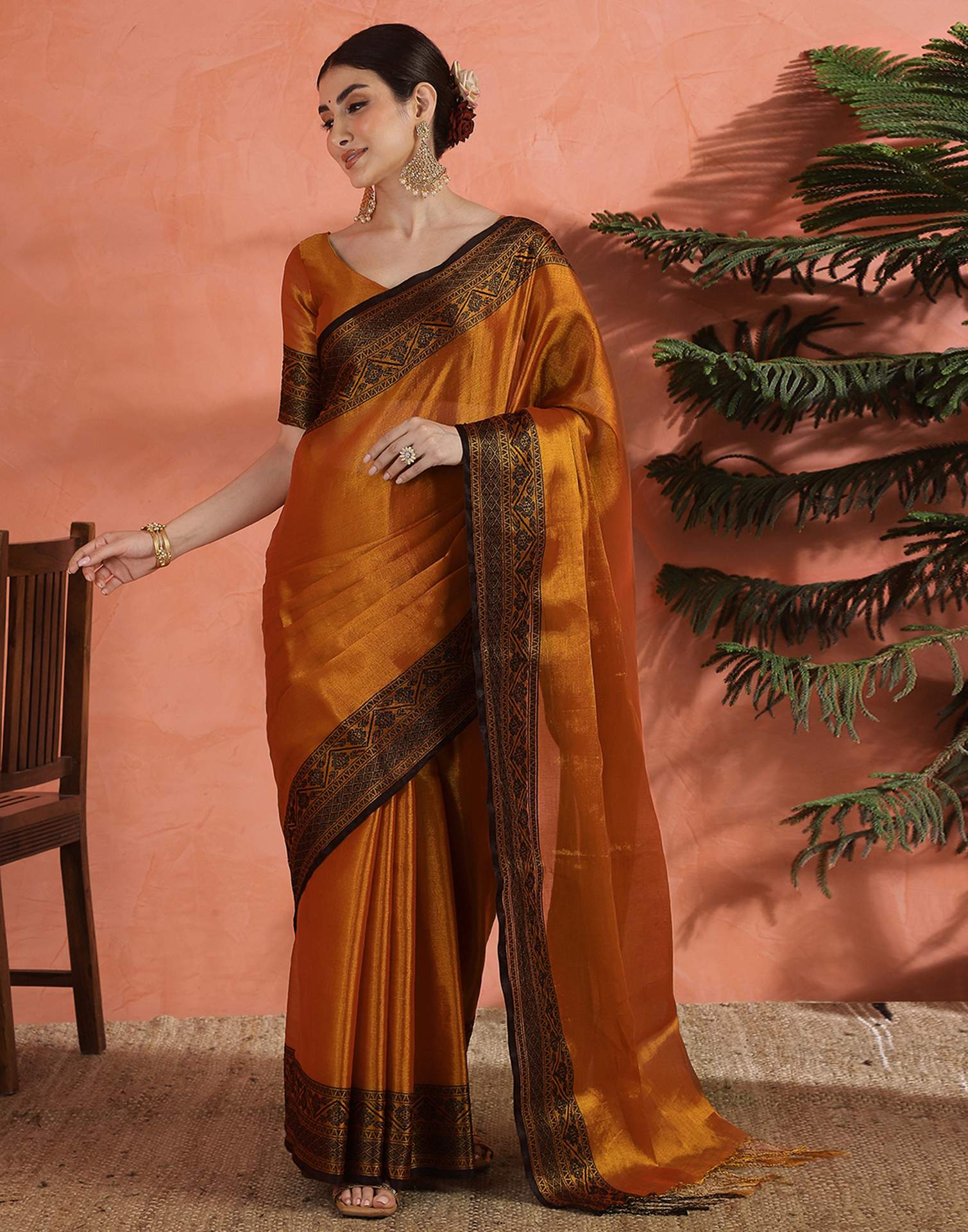 Orange Tissue Cotton Woven Saree