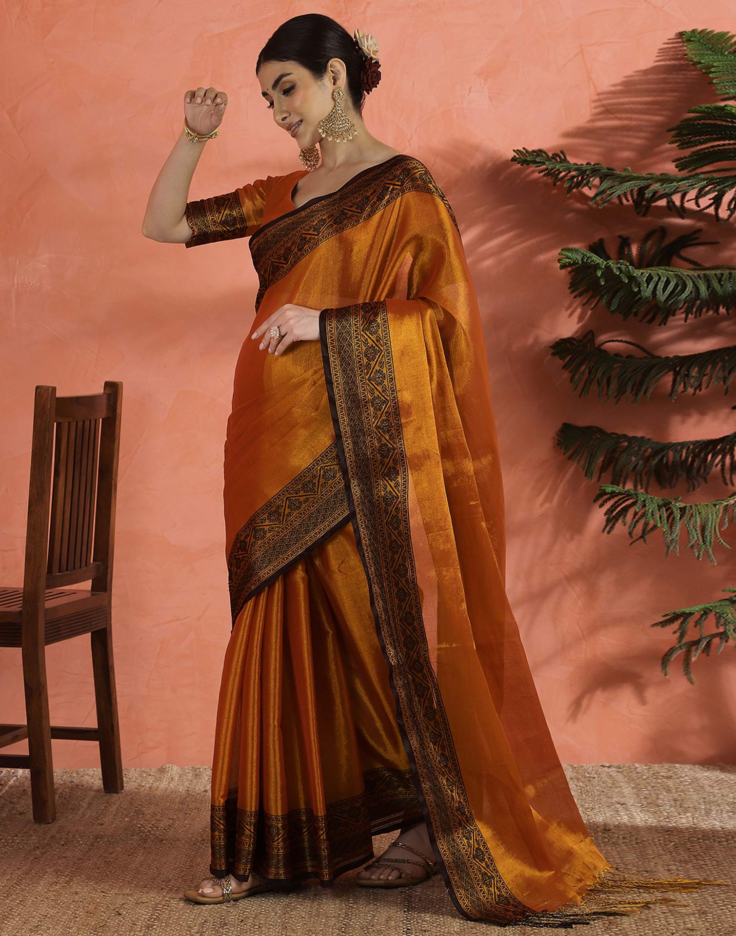 Orange Tissue Cotton Woven Saree