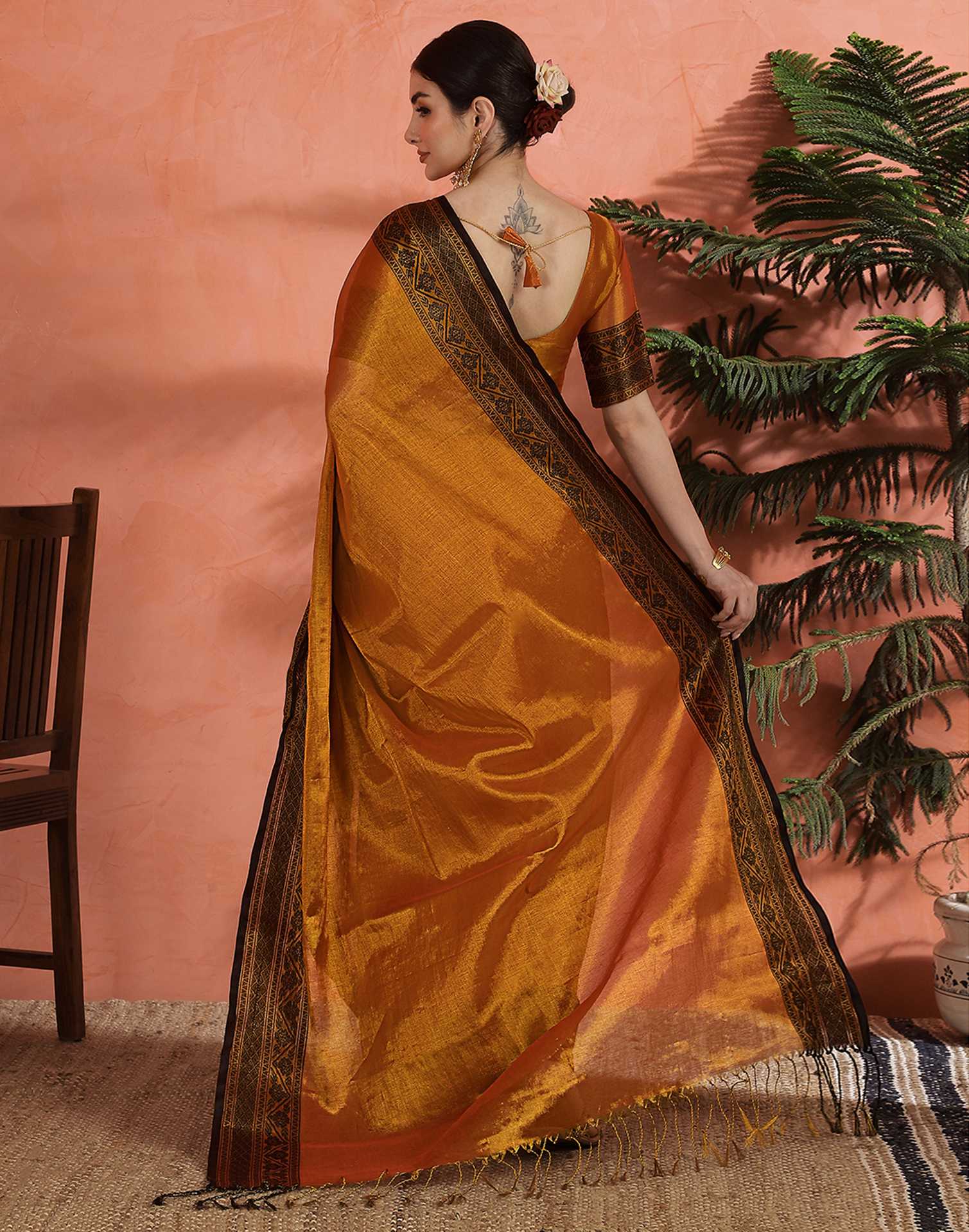 Orange Tissue Cotton Woven Saree