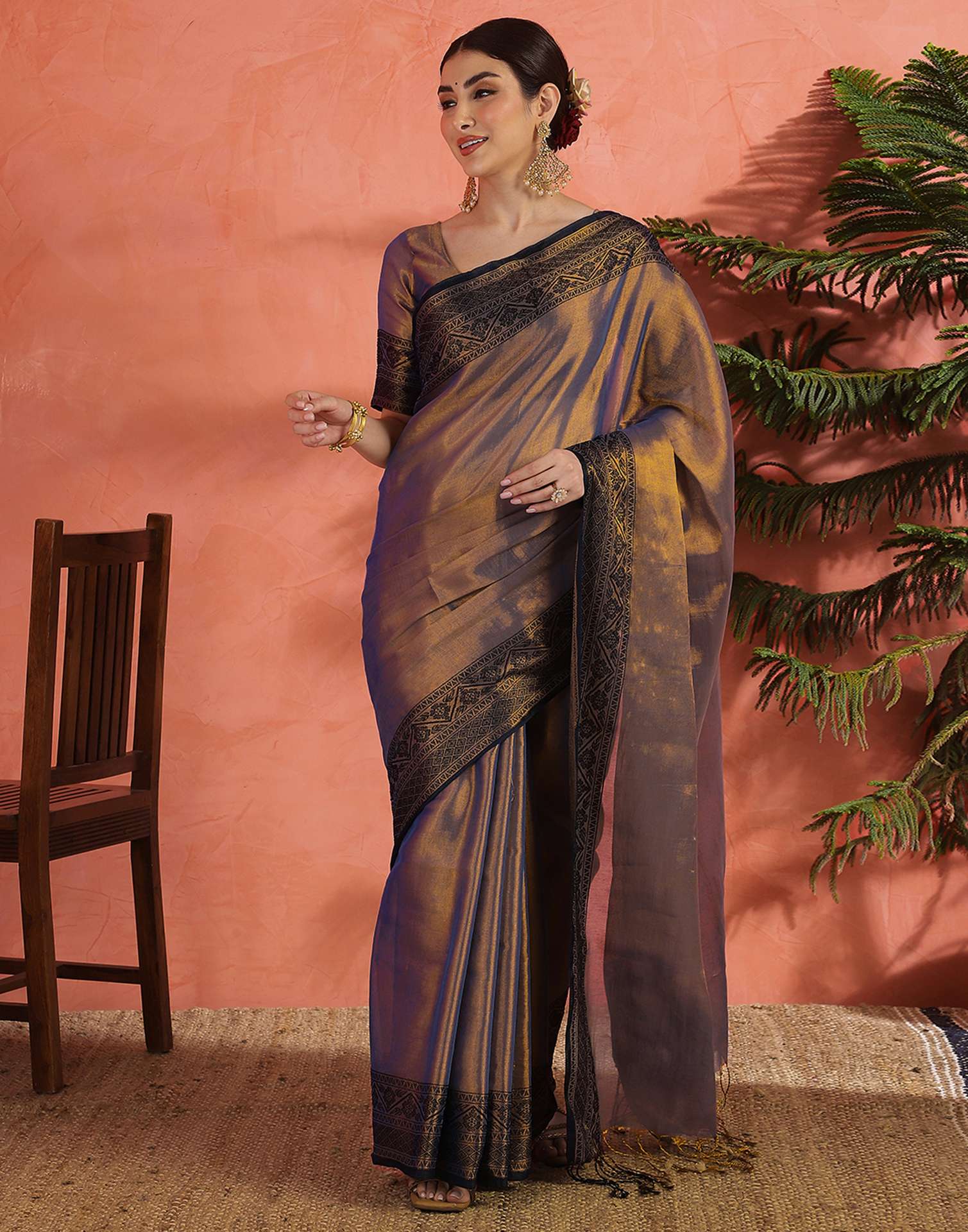 Navy Blue Tissue Cotton Woven Saree