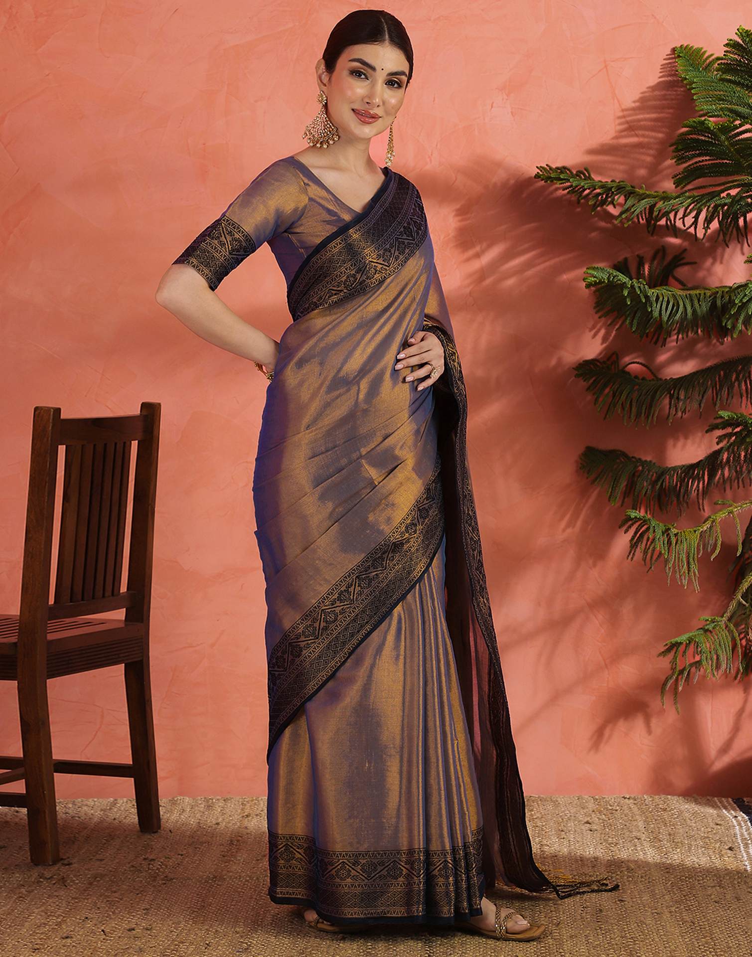 Navy Blue Tissue Cotton Woven Saree