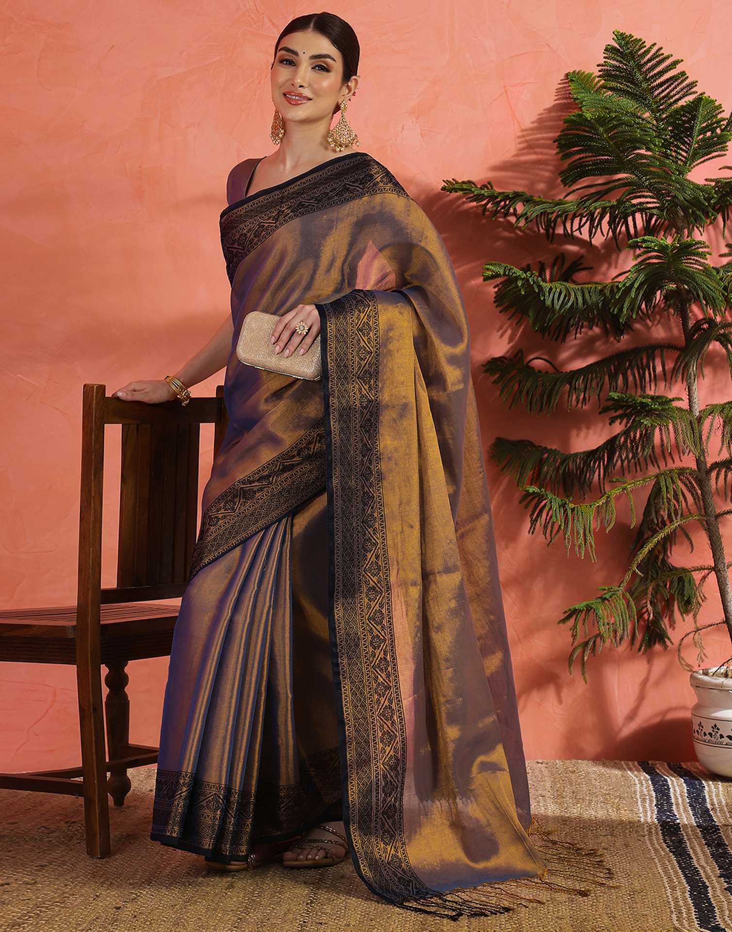 Navy Blue Tissue Cotton Woven Saree
