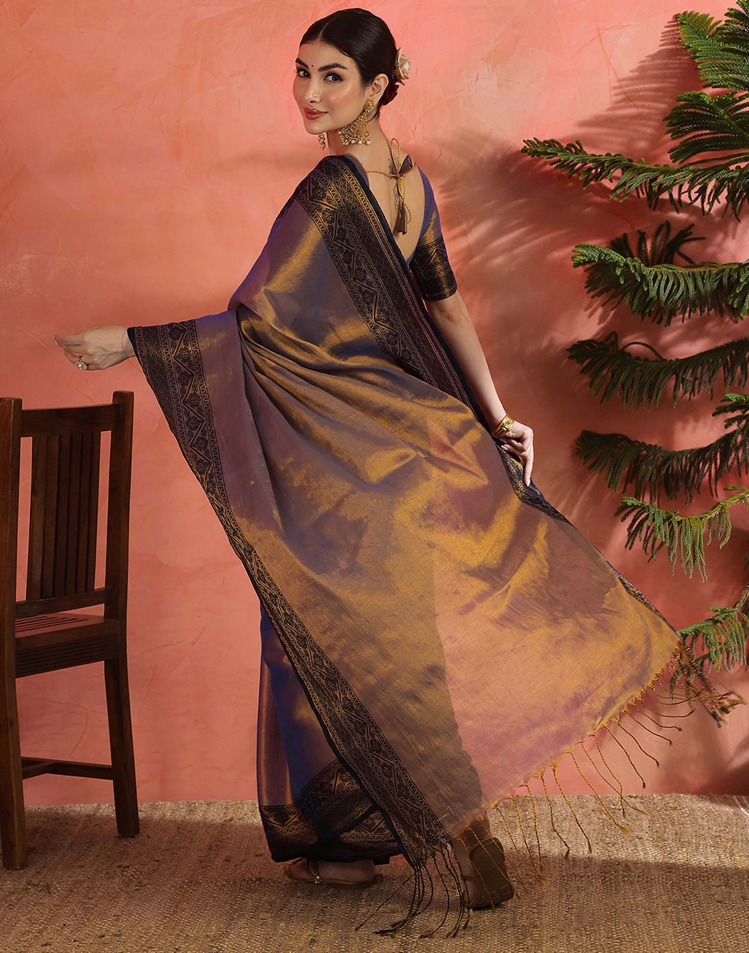 Navy Blue Tissue Cotton Woven Saree