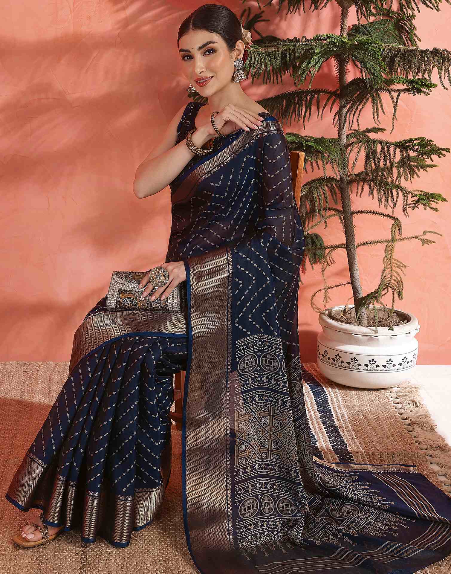 Navy Blue Silk Printed Saree
