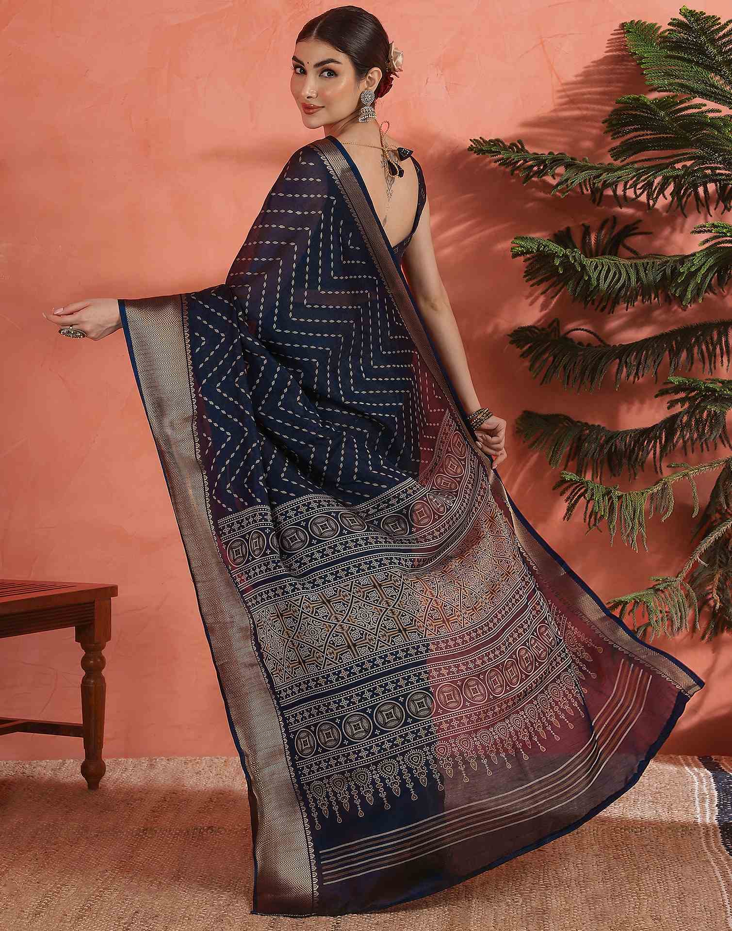 Navy Blue Silk Printed Saree