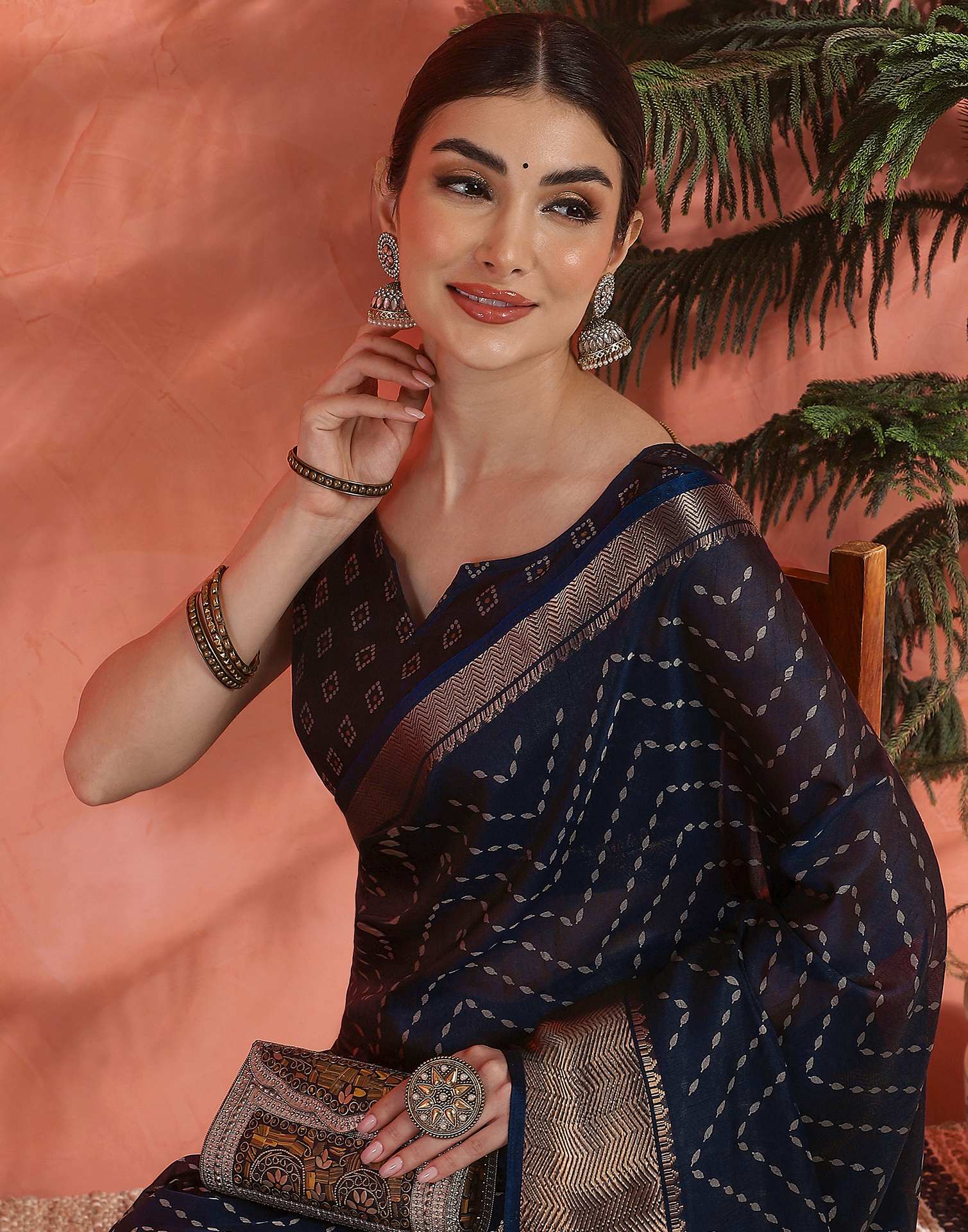 Navy Blue Silk Printed Saree