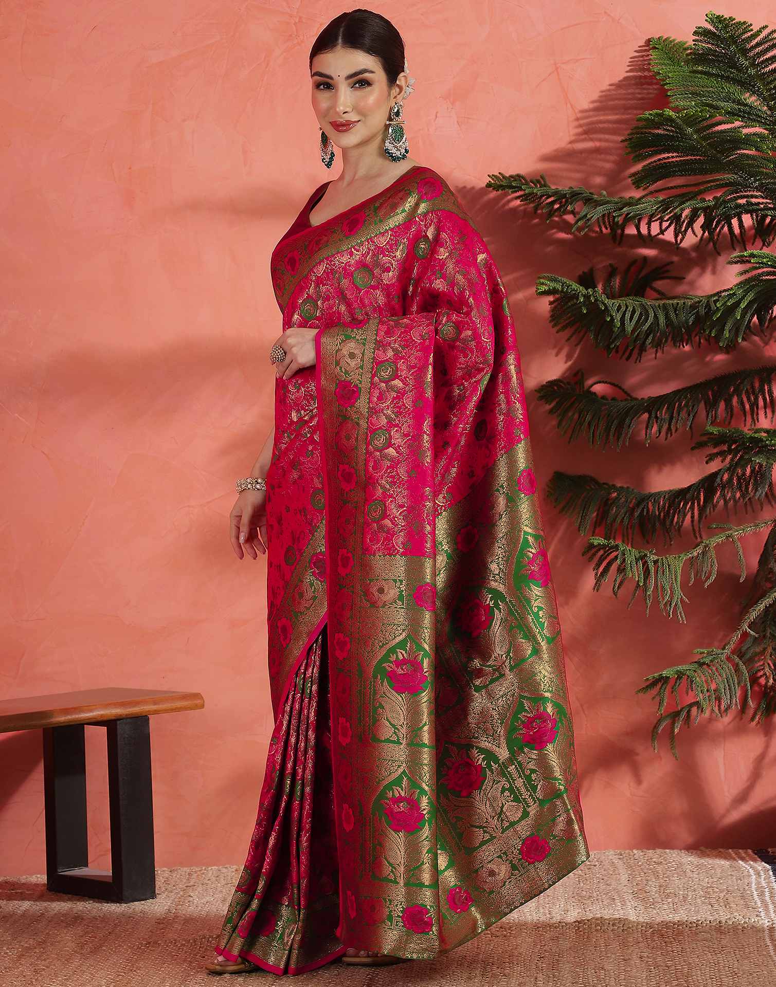 Bright Pink Silk Woven Banarasi Saree