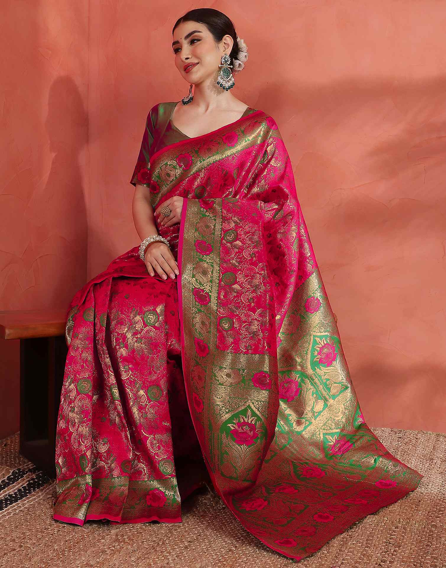 Bright Pink Silk Woven Banarasi Saree