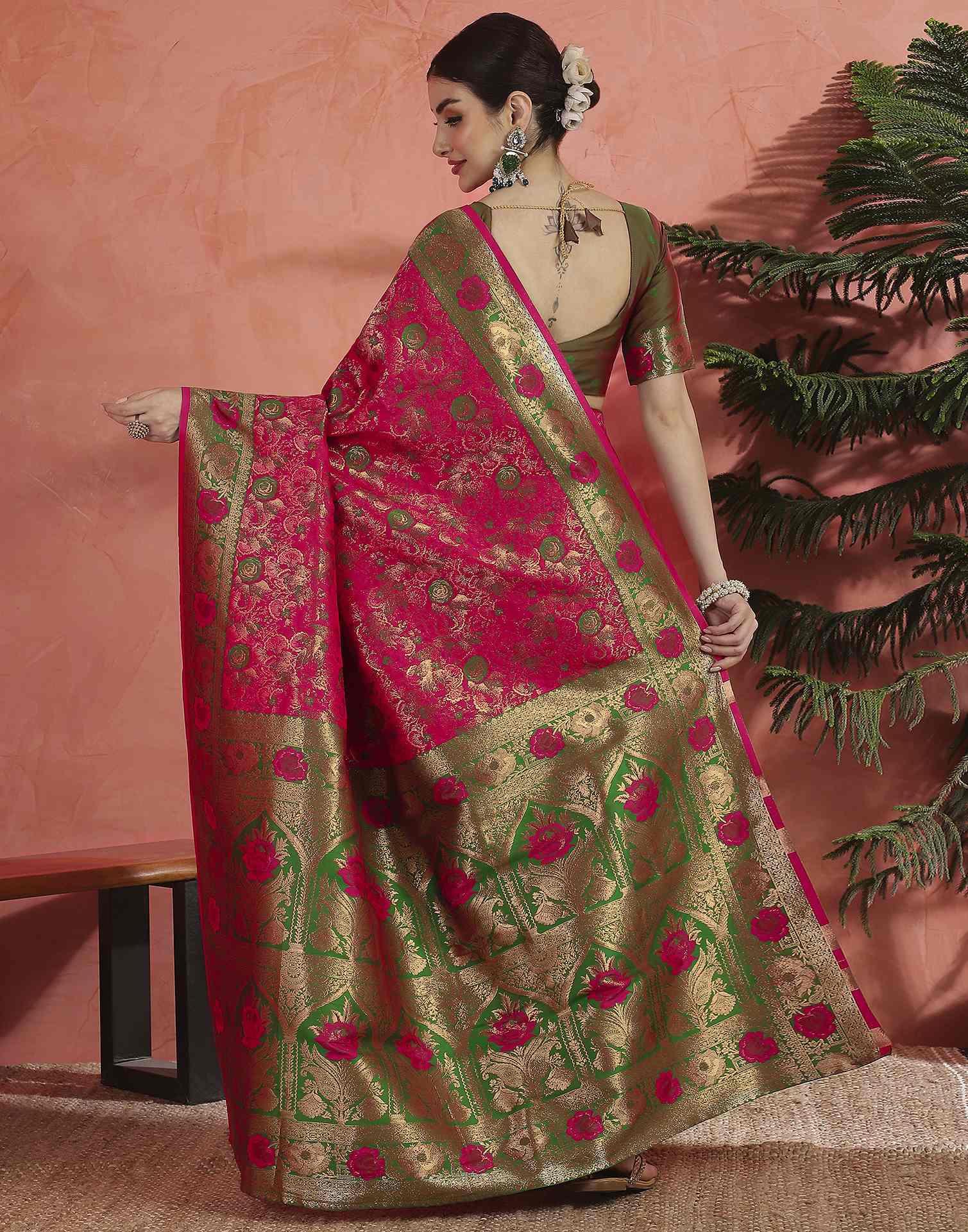 Bright Pink Silk Woven Banarasi Saree