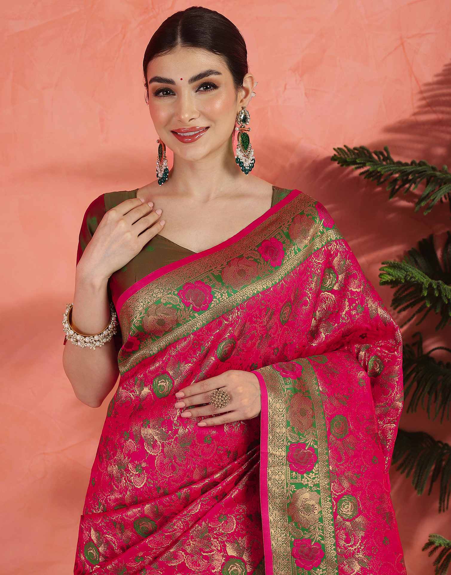 Bright Pink Silk Woven Banarasi Saree