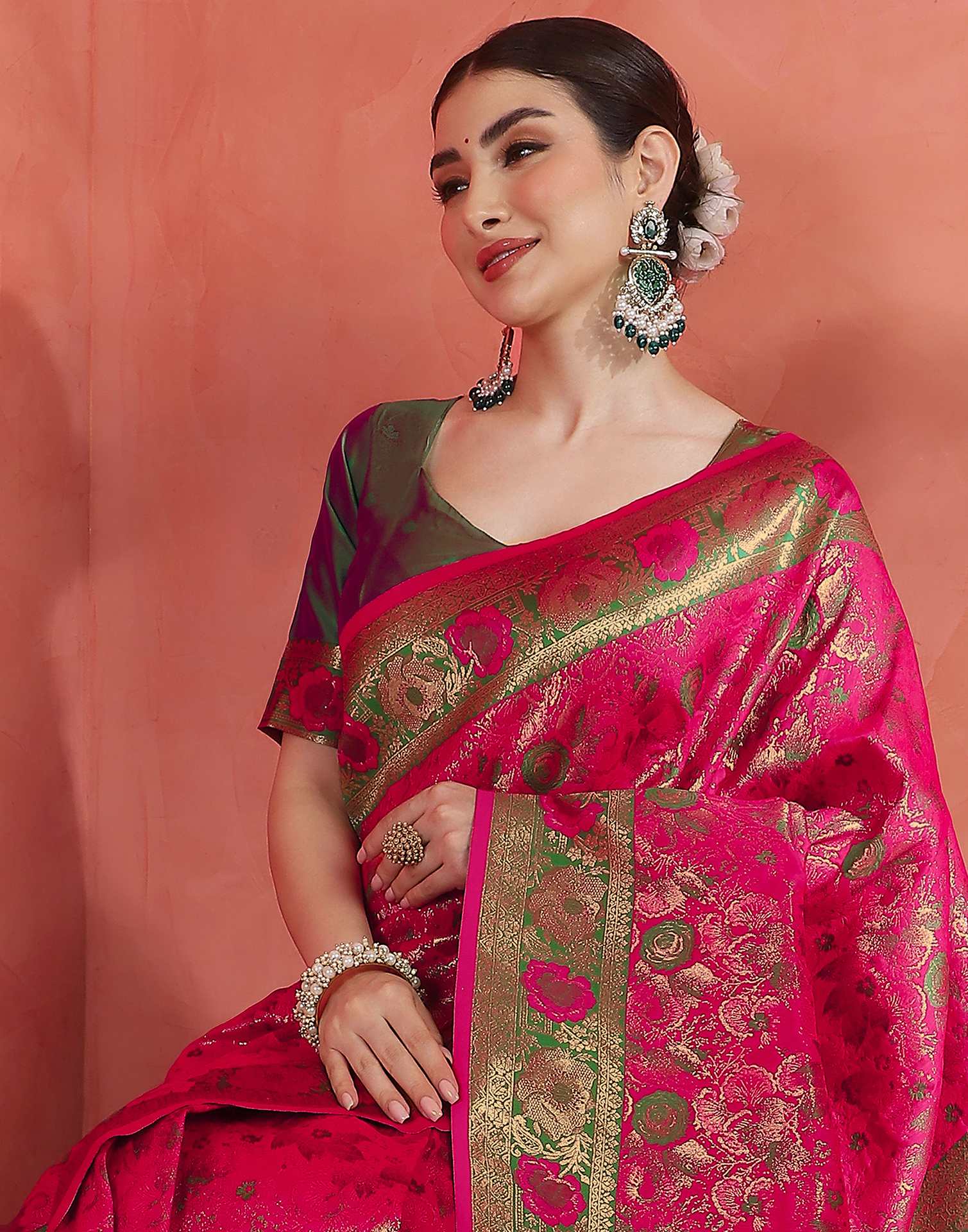 Bright Pink Silk Woven Banarasi Saree