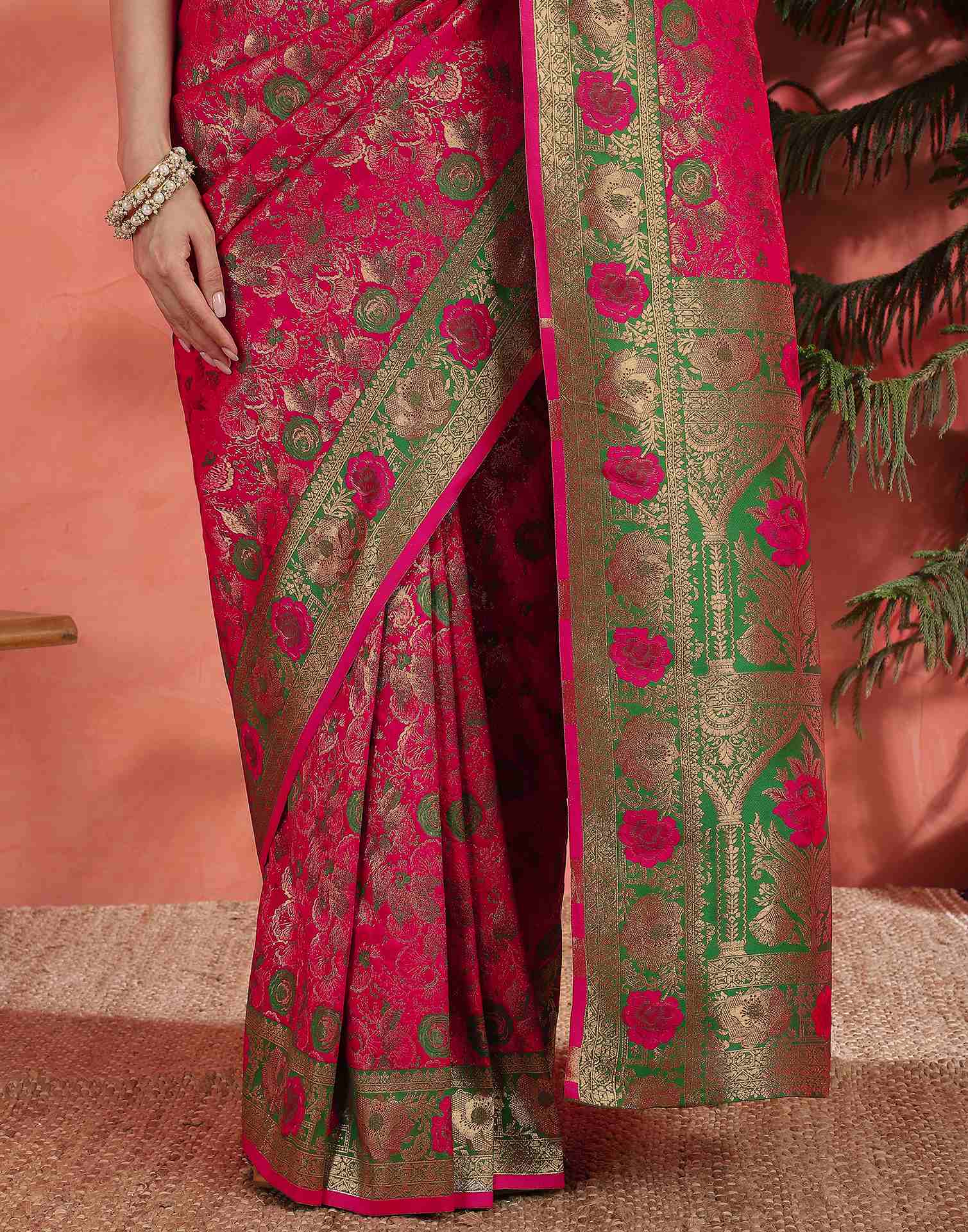 Bright Pink Silk Woven Banarasi Saree