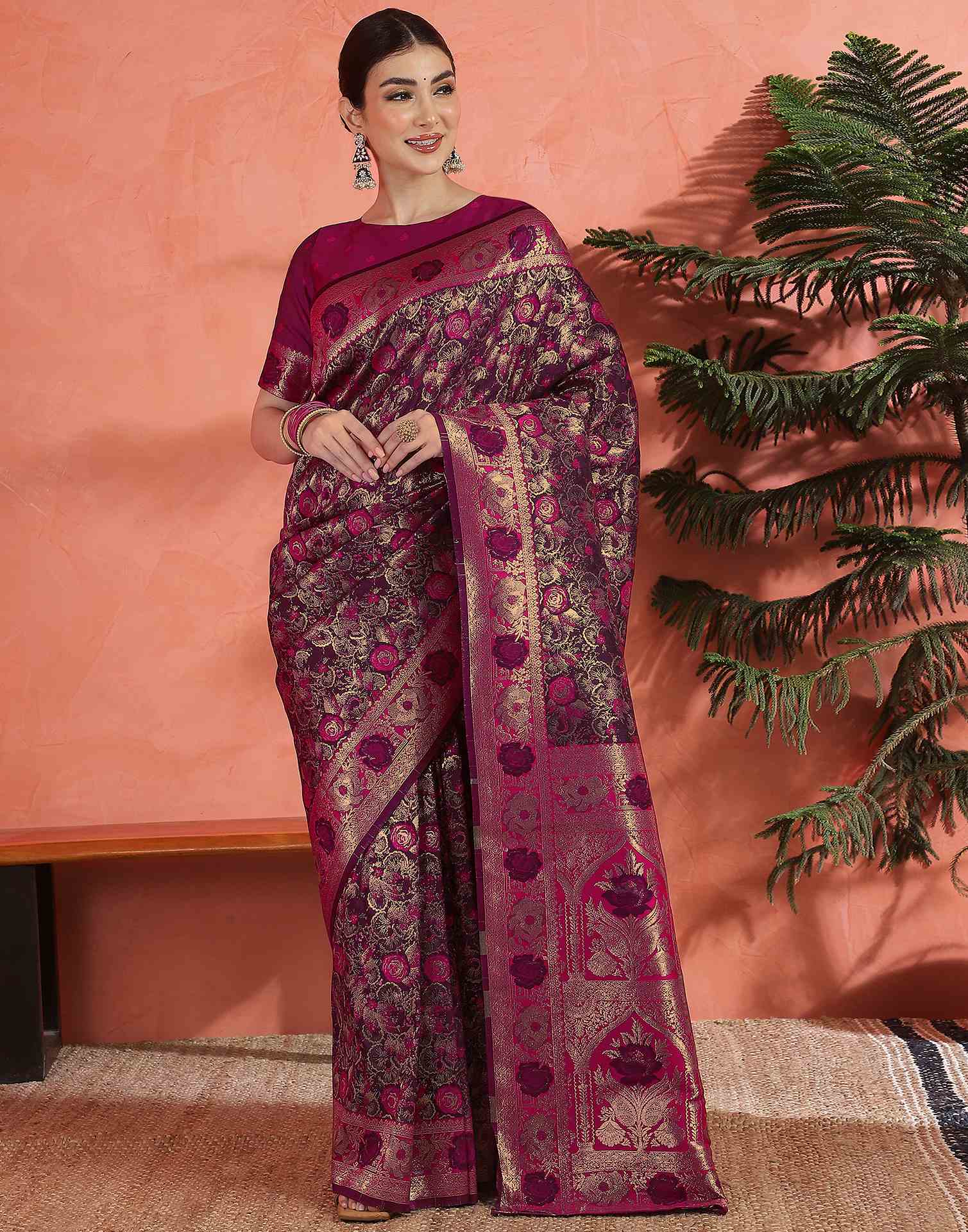 Dark Purple Silk Woven Banarasi Saree