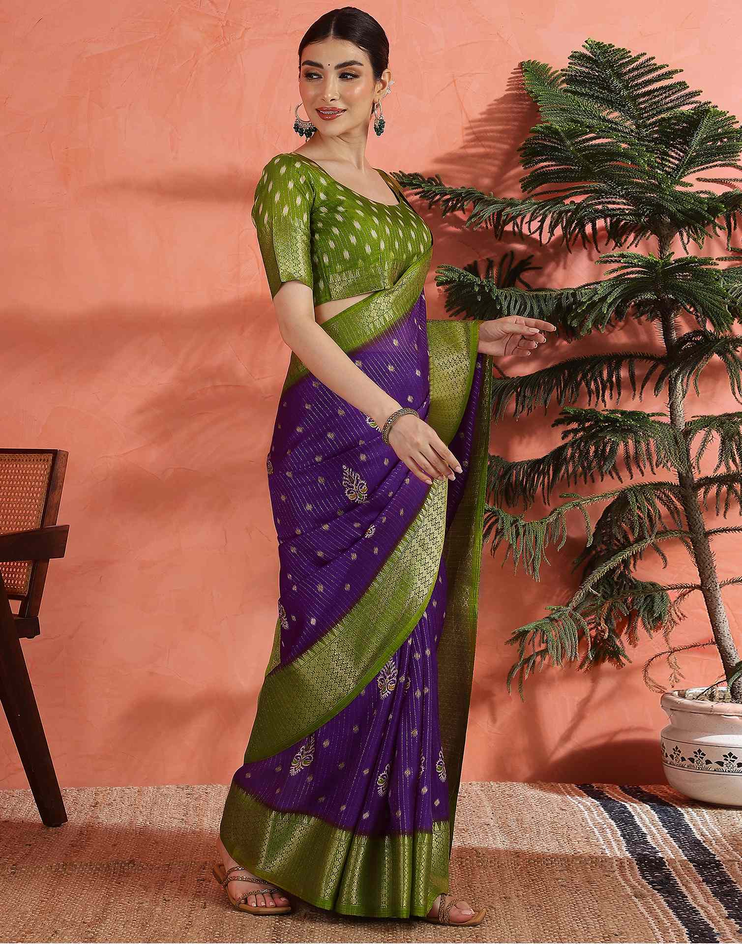 Deep Violet Silk Printed Zari Stripe Saree