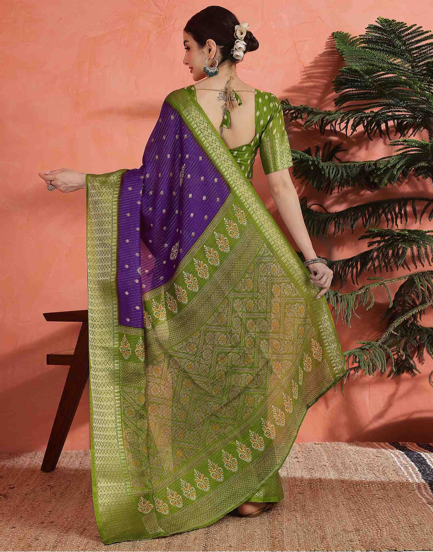Deep Violet Silk Printed Zari Stripe Saree