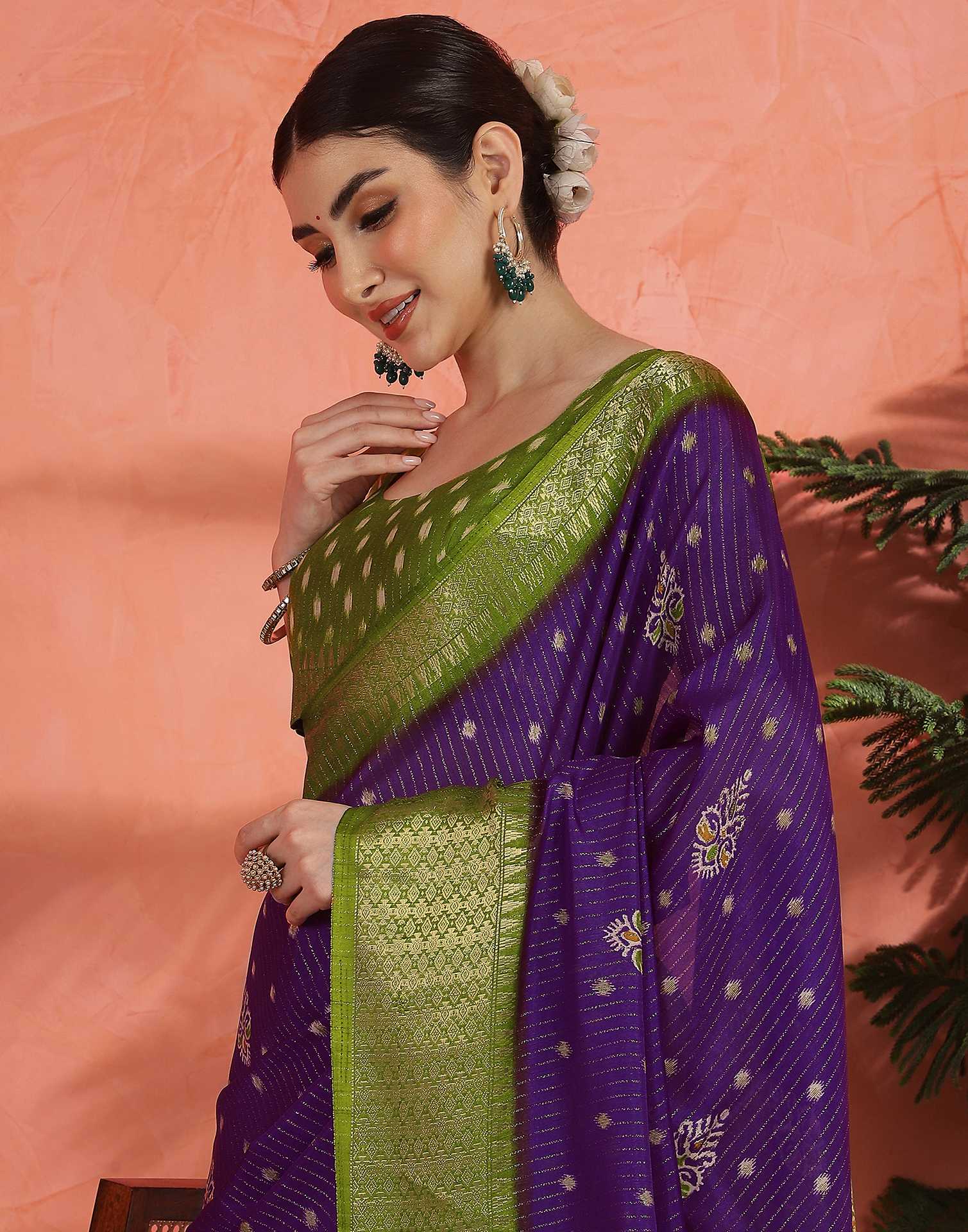 Deep Violet Silk Printed Zari Stripe Saree