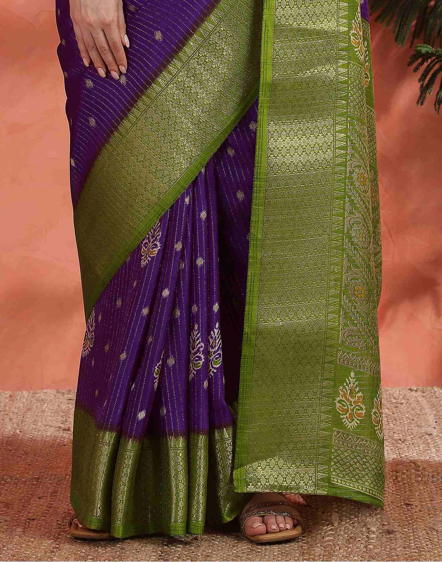 Deep Violet Silk Printed Zari Stripe Saree
