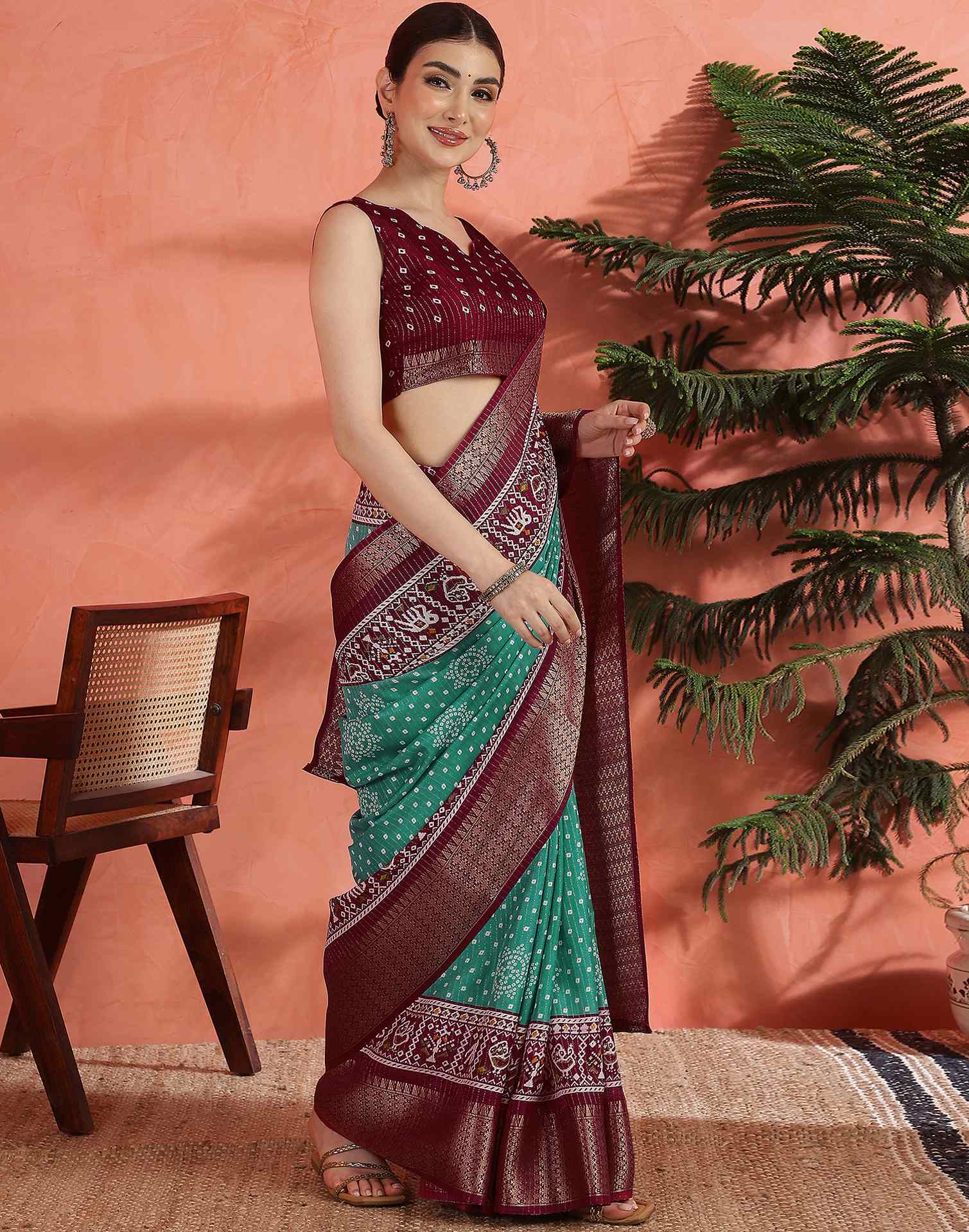 Teal Green Silk Bandhani Printed Saree