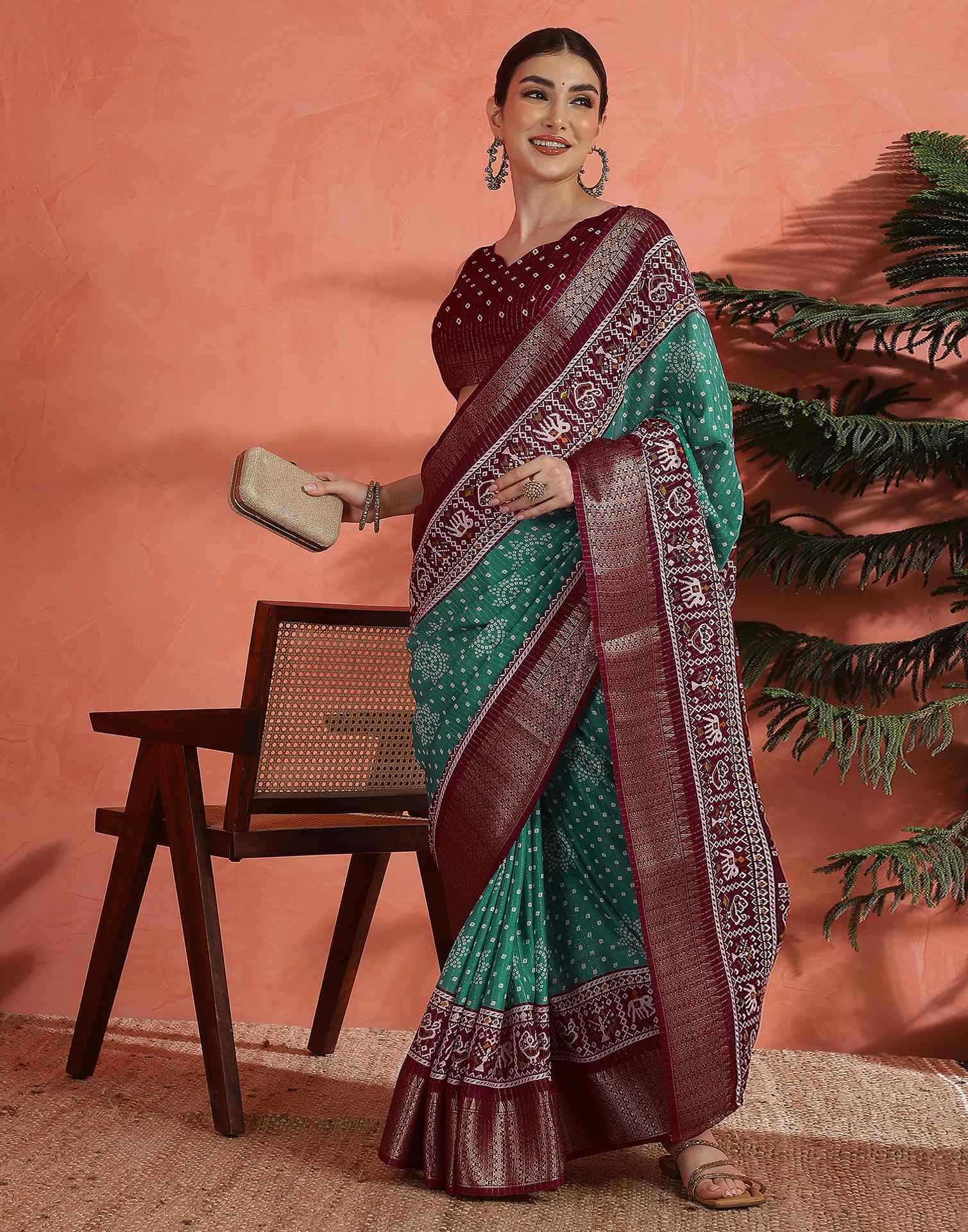 Teal Green Silk Bandhani Printed Saree