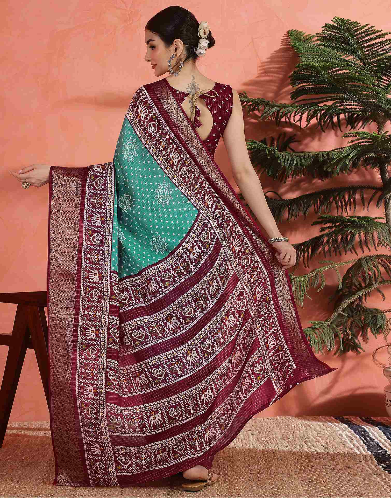 Teal Green Silk Bandhani Printed Saree