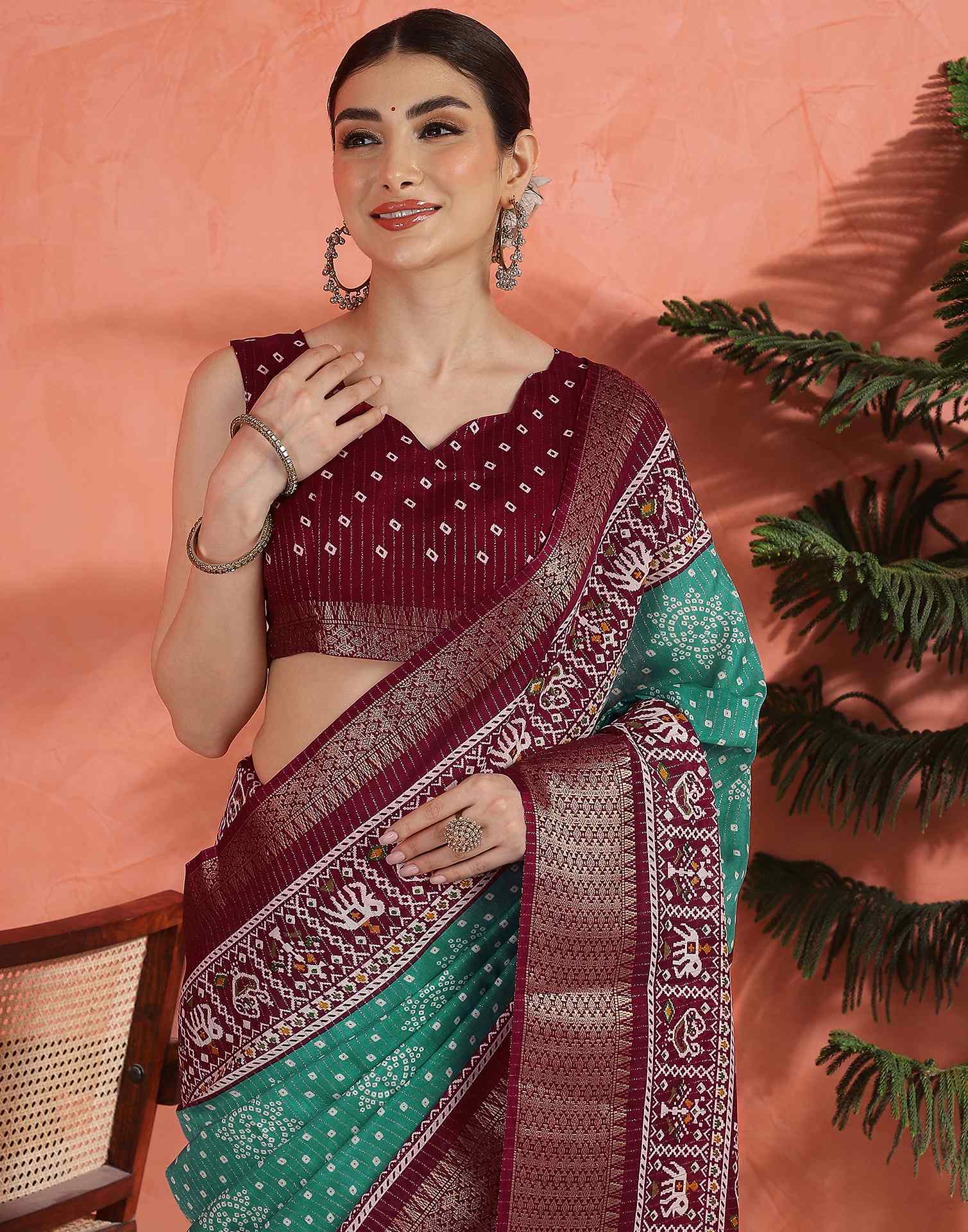 Teal Green Silk Bandhani Printed Saree