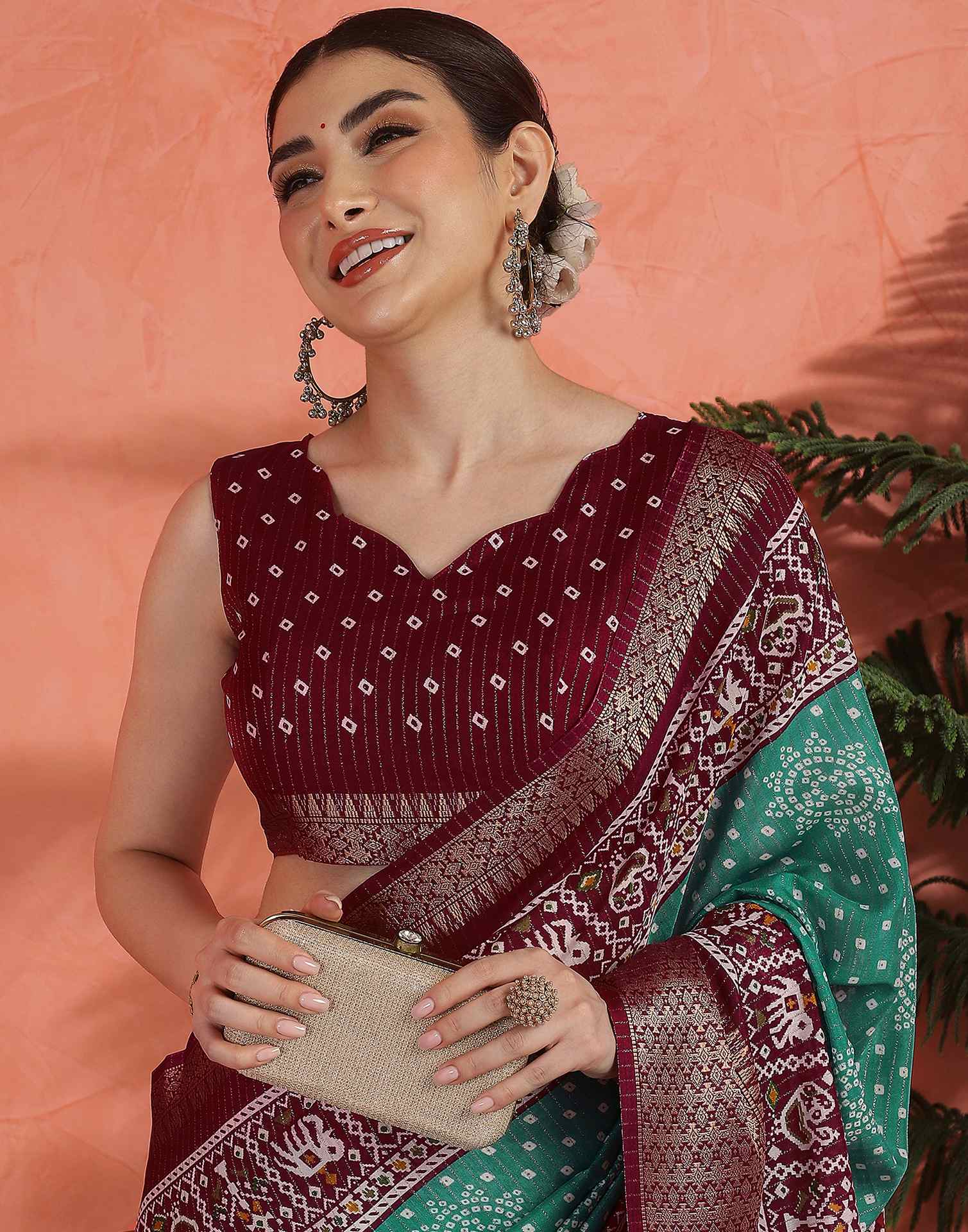 Teal Green Silk Bandhani Printed Saree