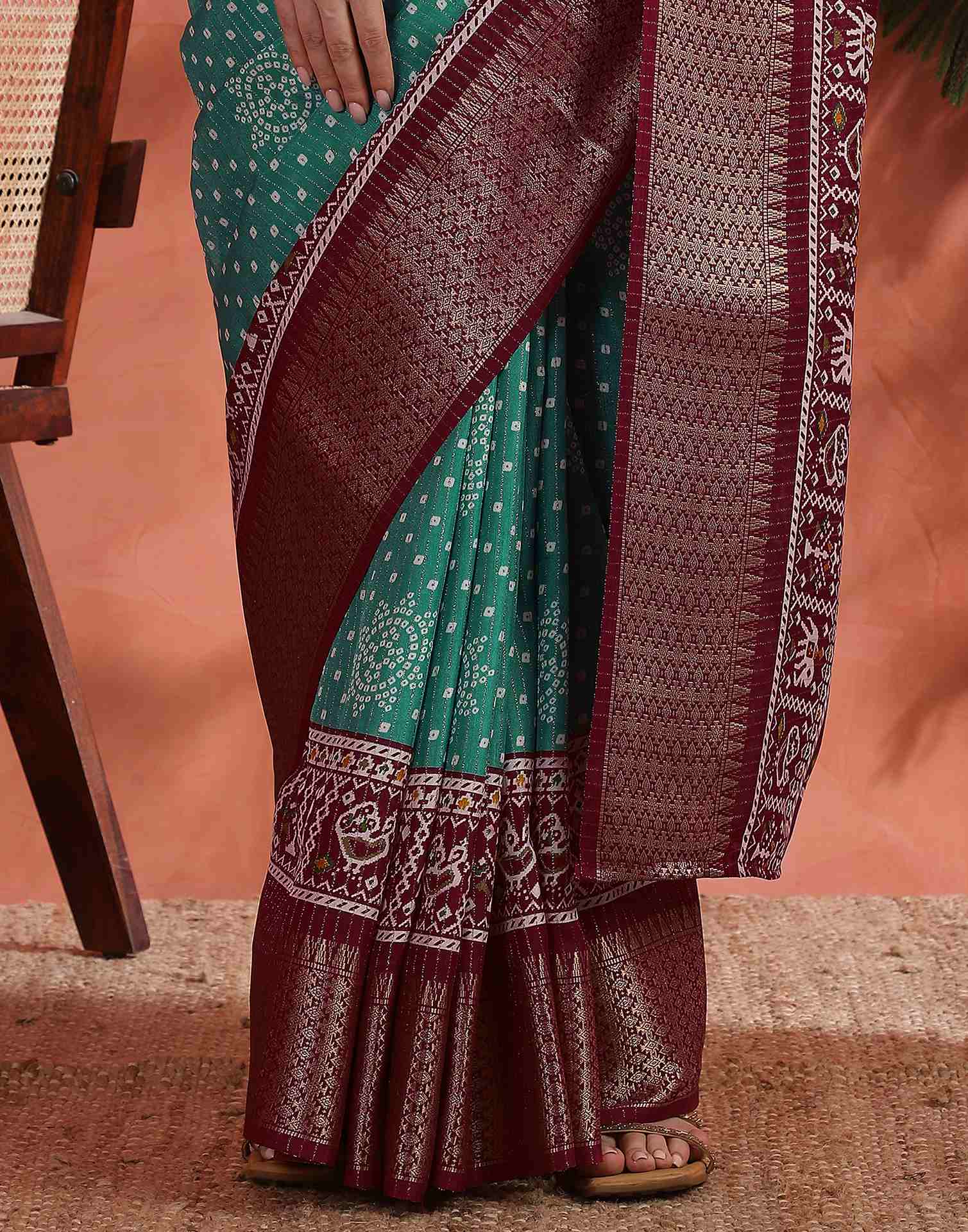 Teal Green Silk Bandhani Printed Saree