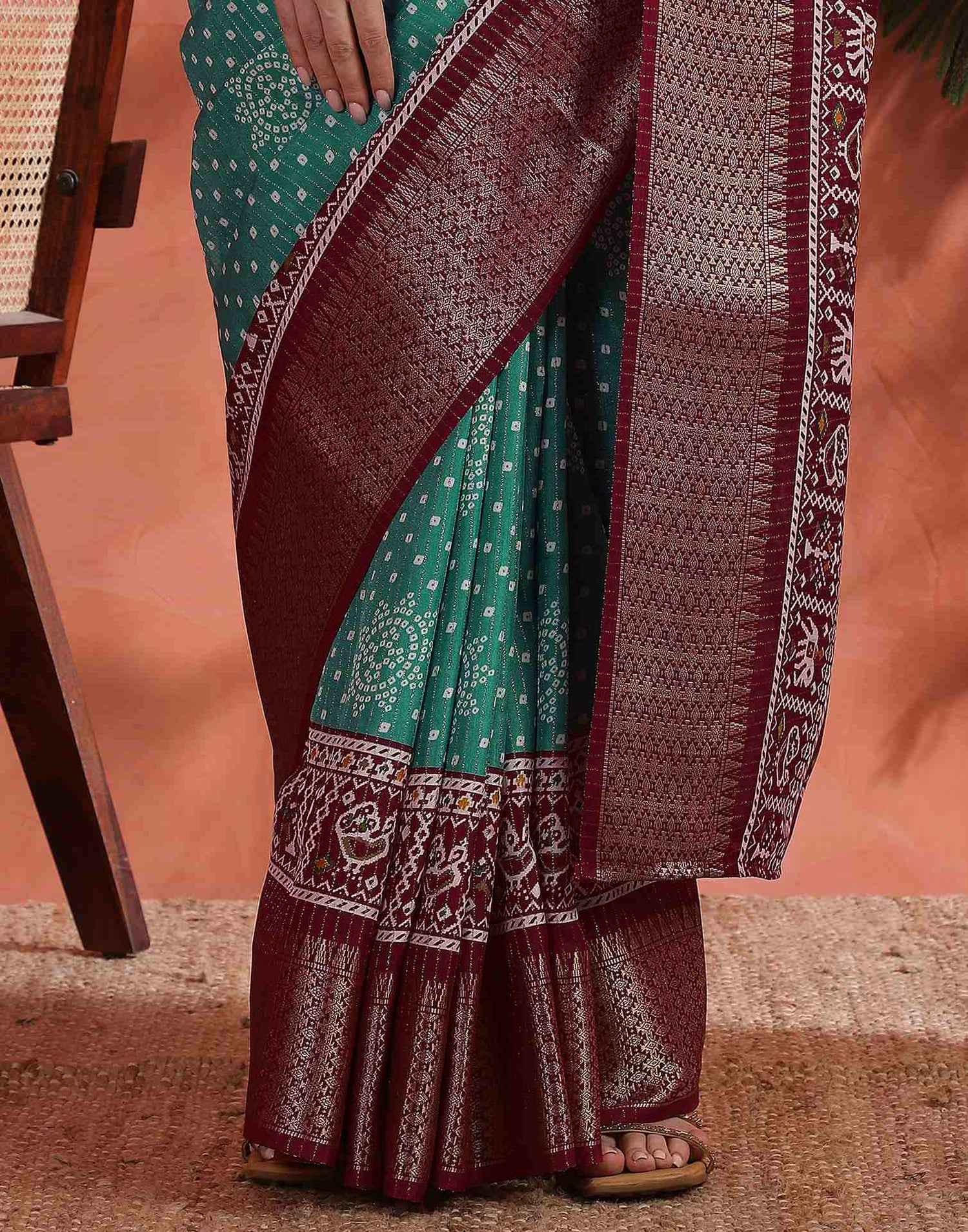 Teal Green Silk Bandhani Printed Saree
