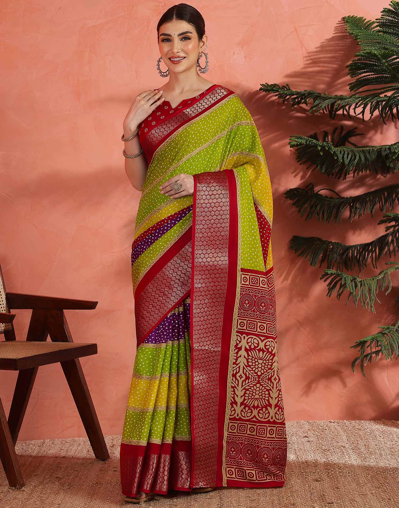 Multicoloured Silk Bandhani Printed Saree