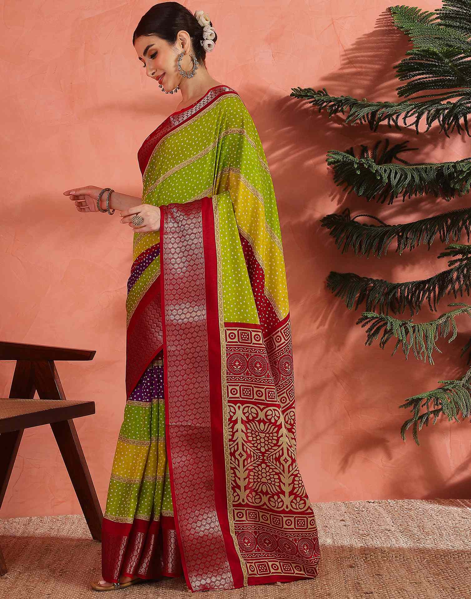 Multicoloured Silk Bandhani Printed Saree