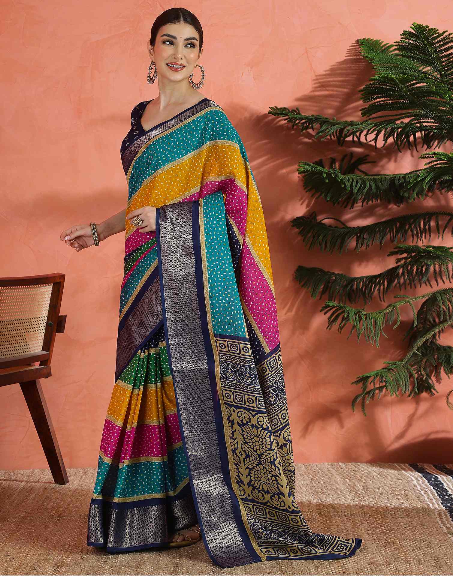 Multicoloured Silk Printed Bandhani Saree