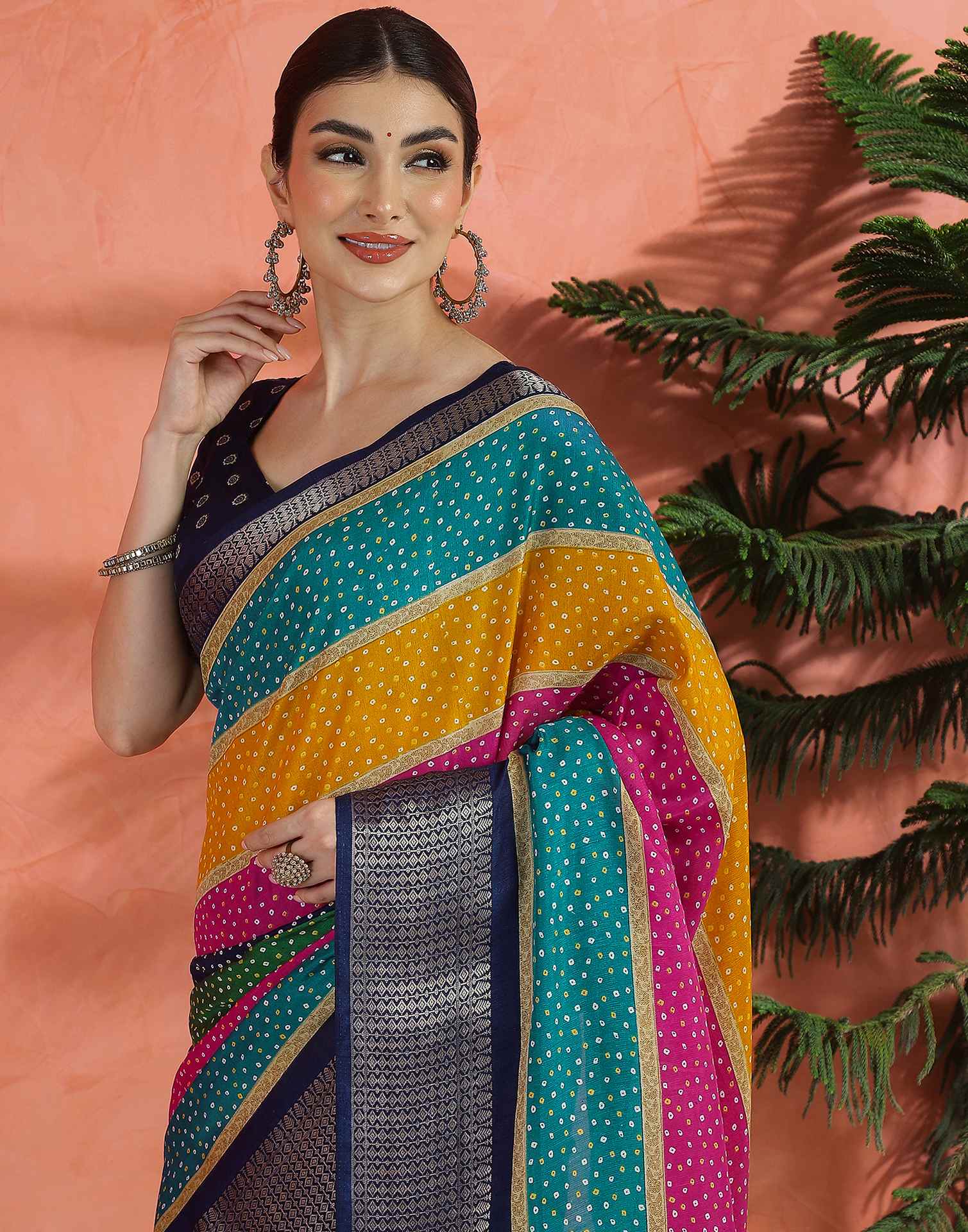 Multicoloured Silk Printed Bandhani Saree