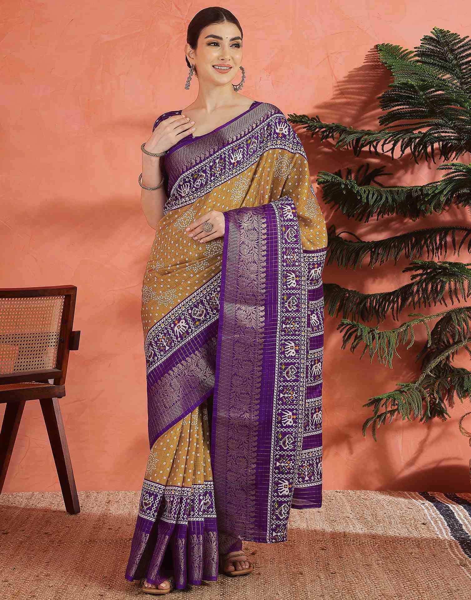 Light Brown Silk Printed Bandhani Saree