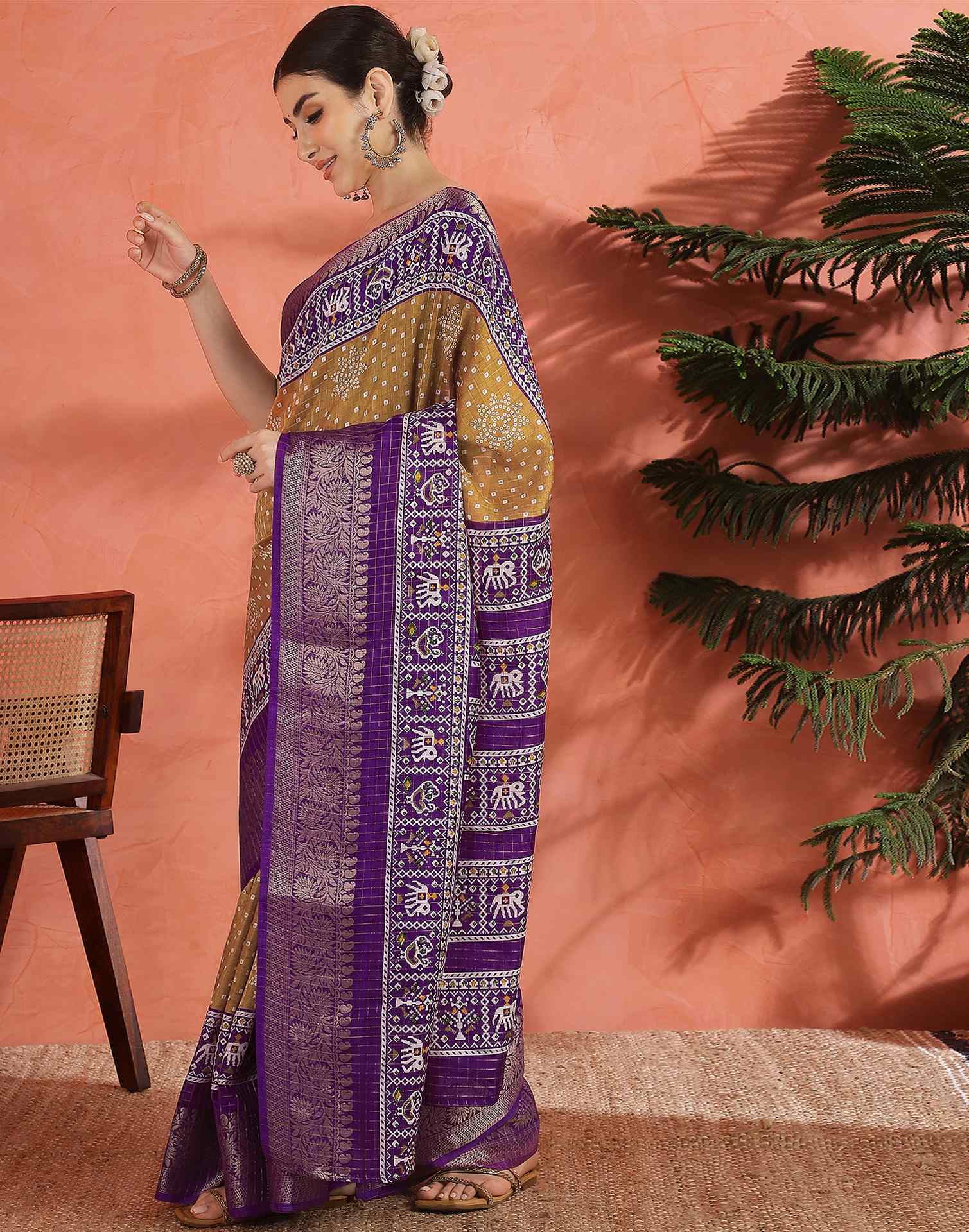 Light Brown Silk Printed Bandhani Saree