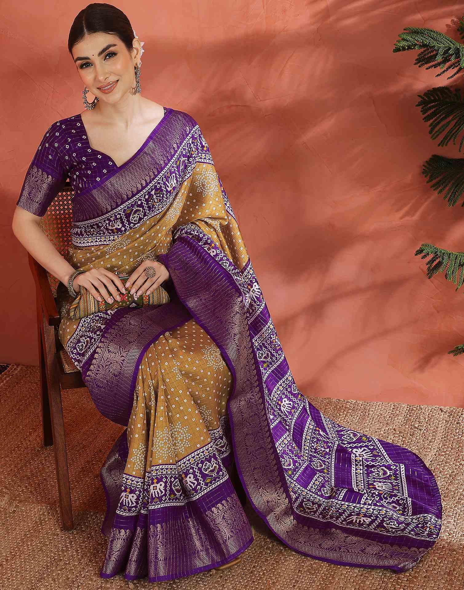 Light Brown Silk Printed Bandhani Saree