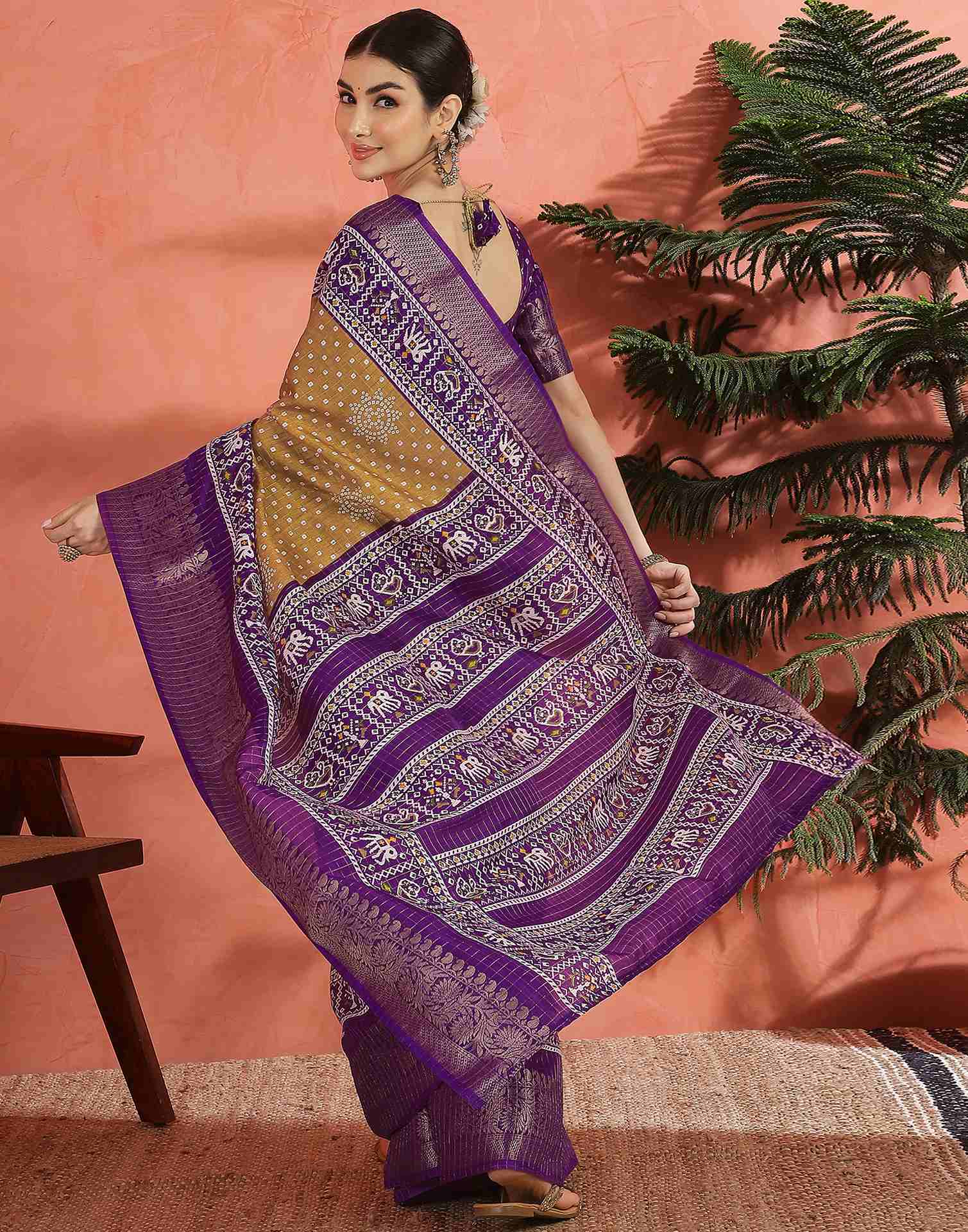 Light Brown Silk Printed Bandhani Saree