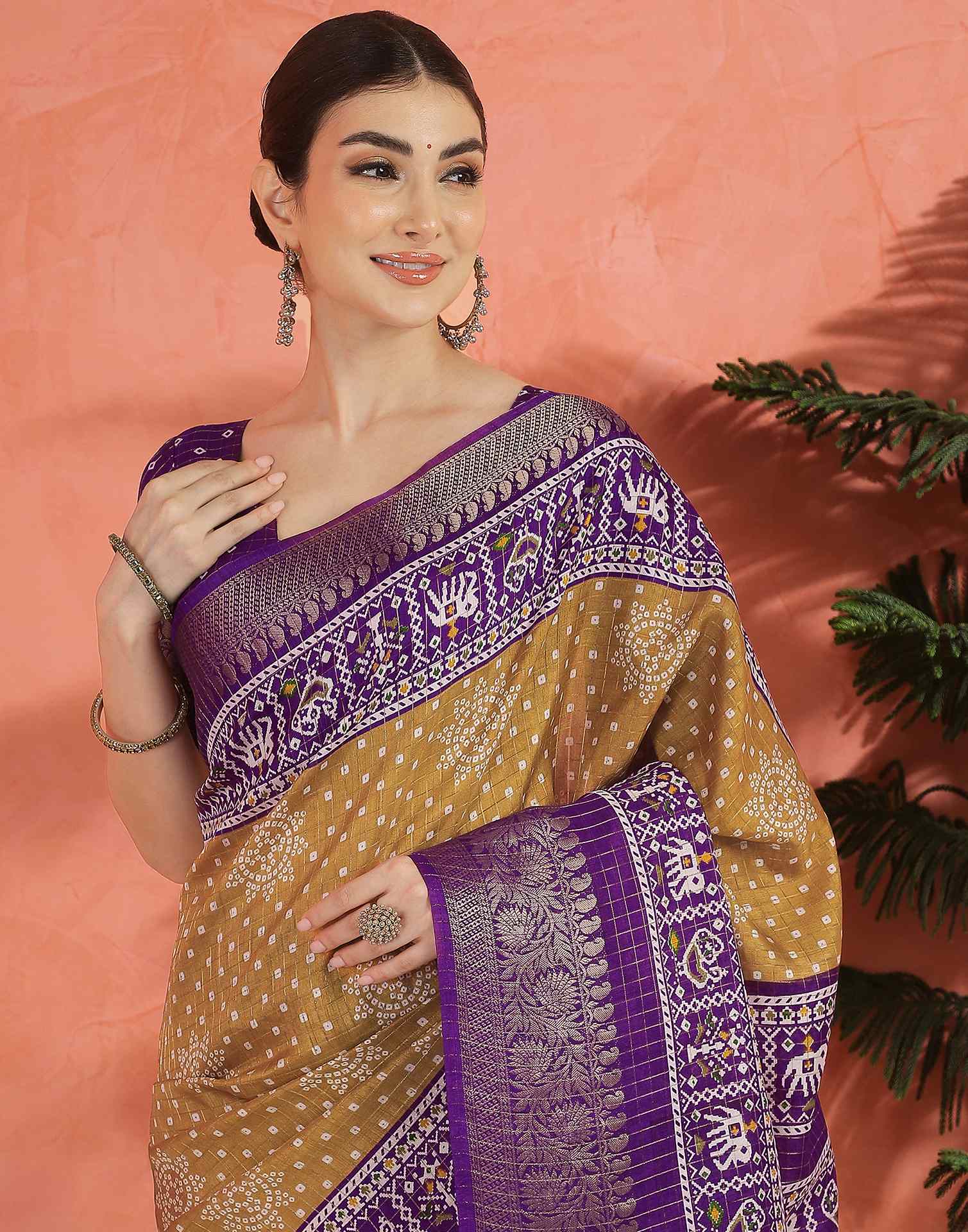 Light Brown Silk Printed Bandhani Saree